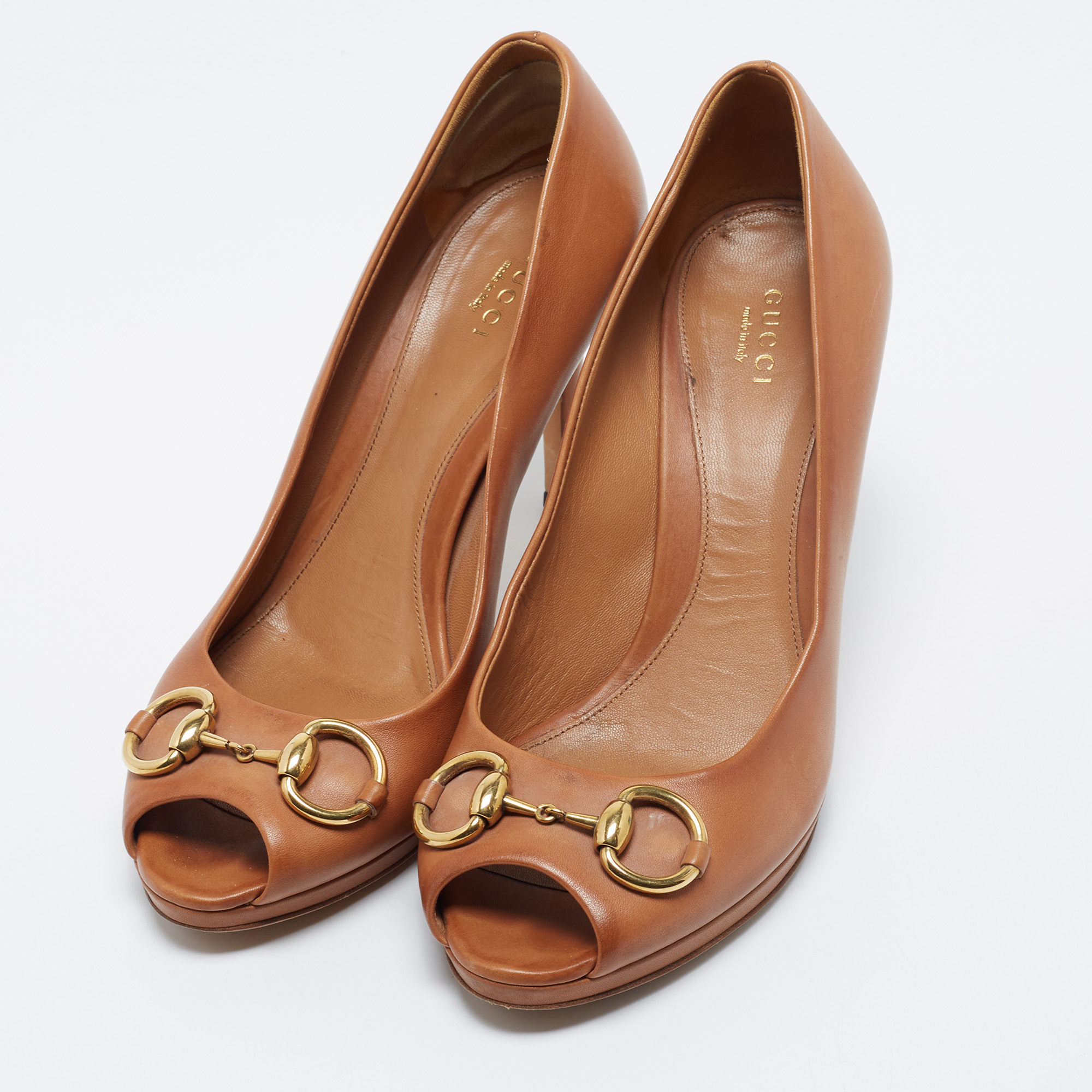 

Gucci Brown Leather Horsebit Peep Toe Pumps Size