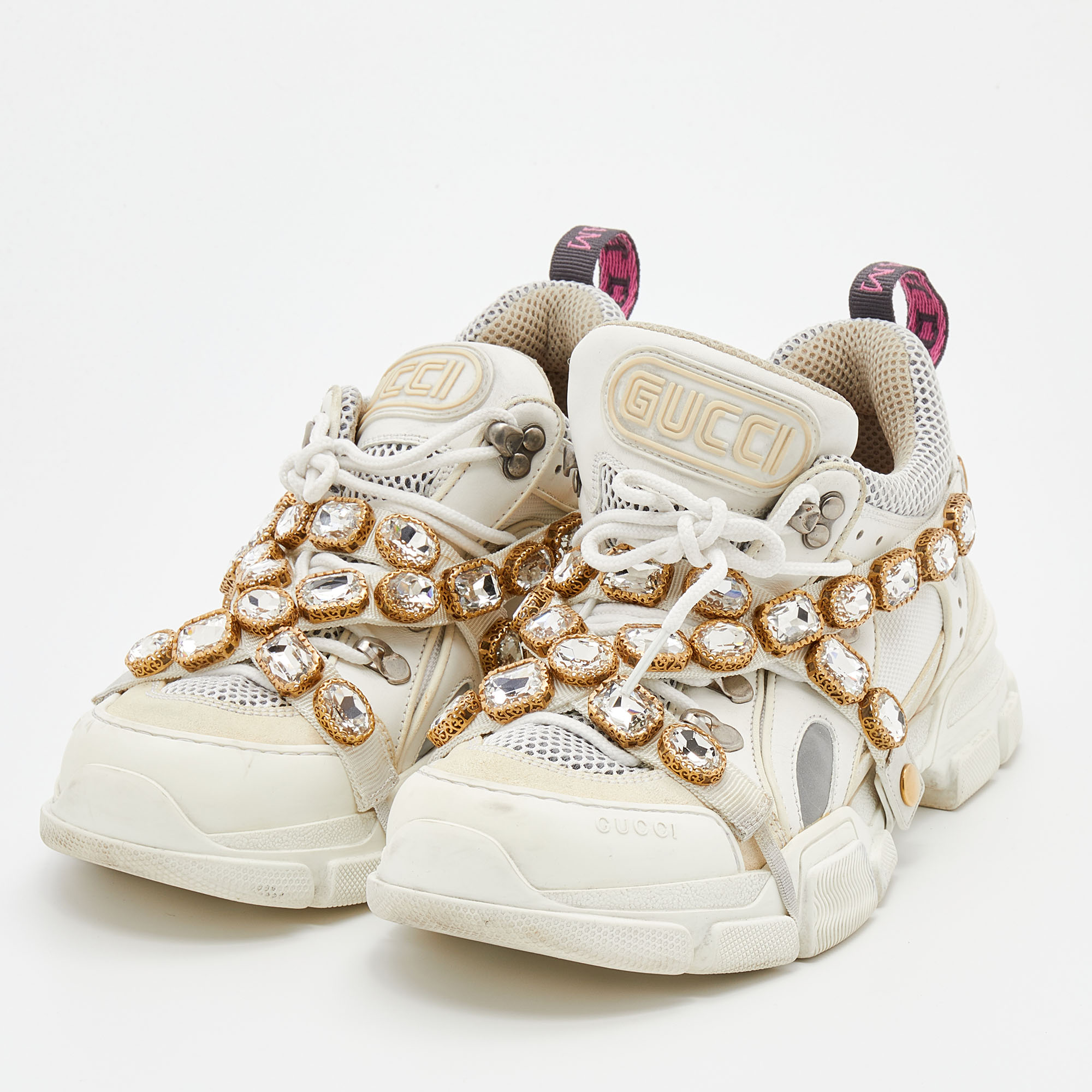 

Gucci White Leather And Mesh Flashtrek Removable Crystals Low Top Sneakers Size