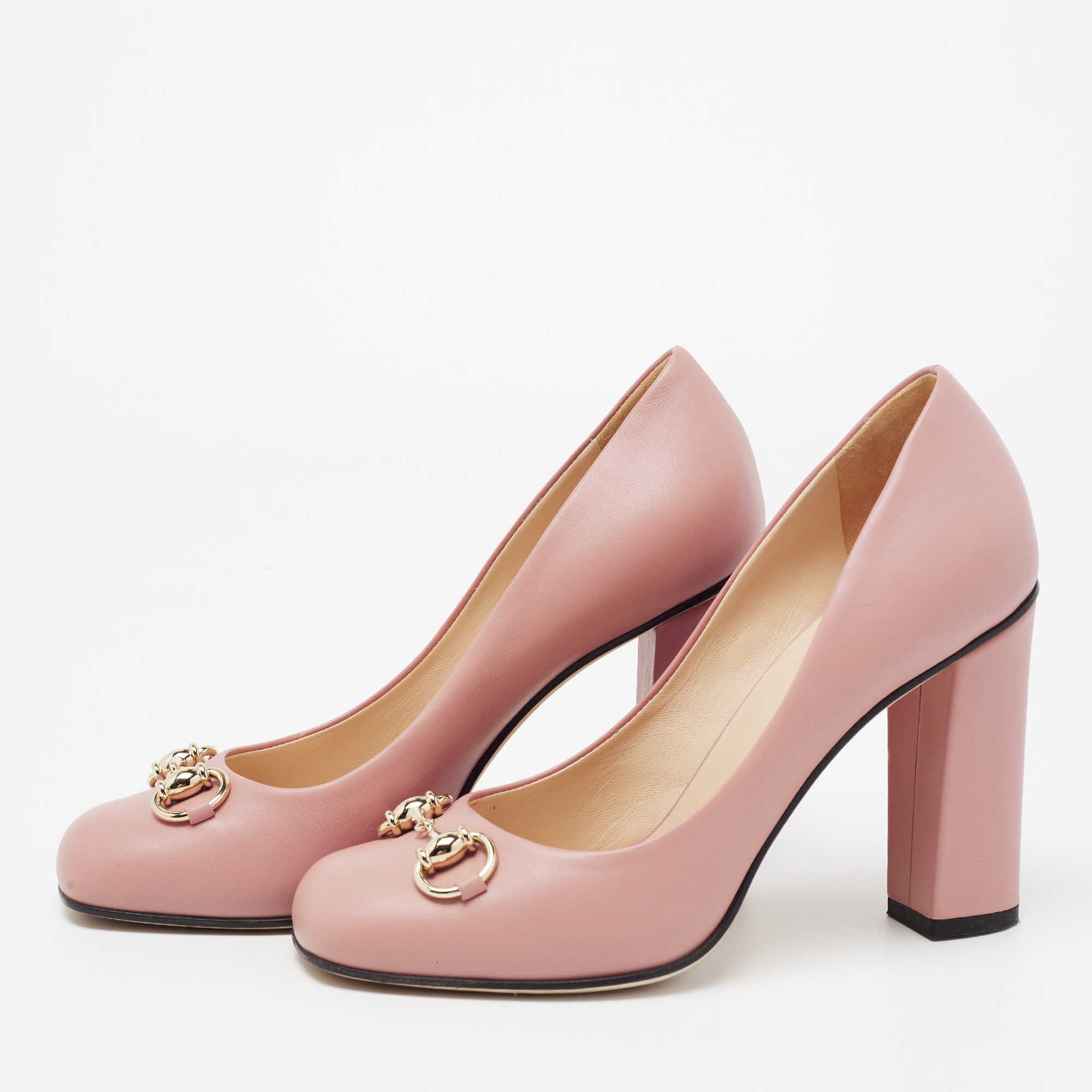 

Gucci Pink Leather Horsebit Block Heel Pumps Size
