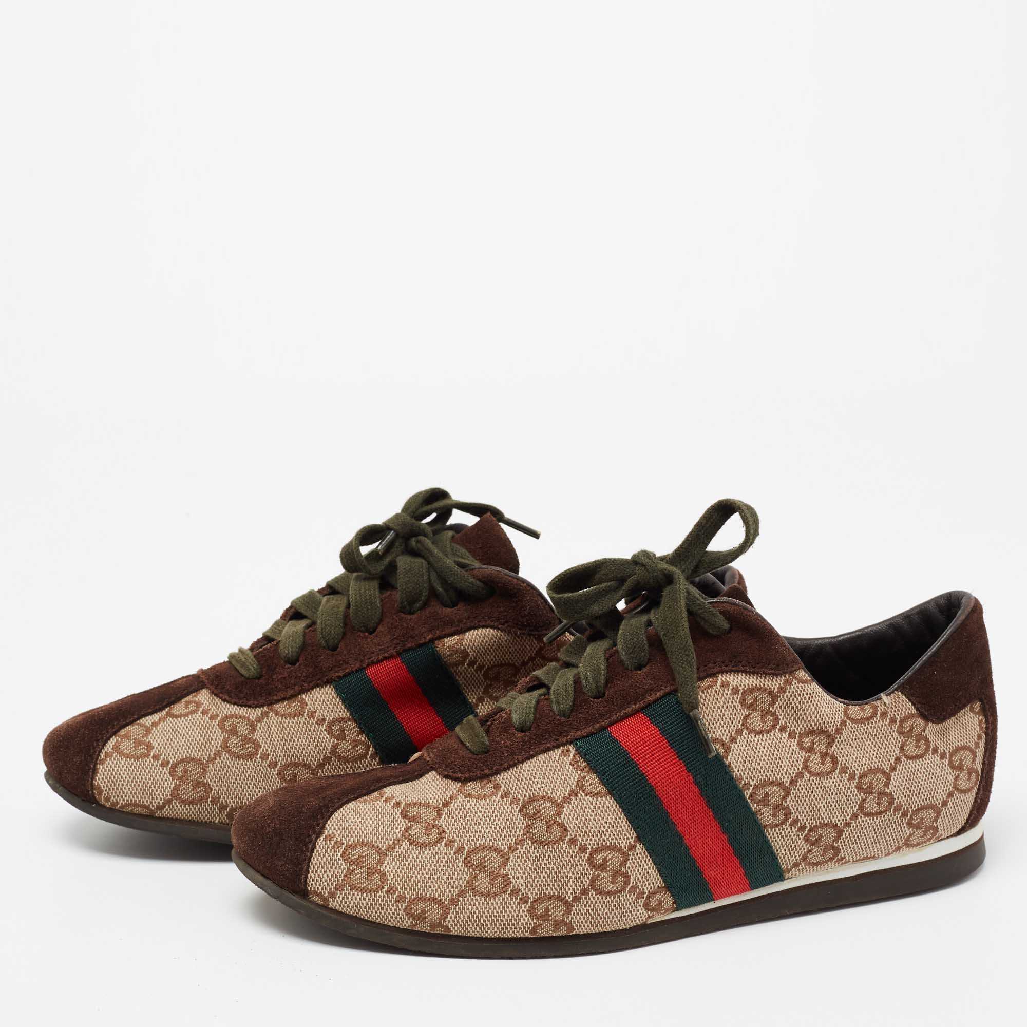 

Gucci Brown/Beige Suede and GG Canvas Web Low-Top Sneakers Size