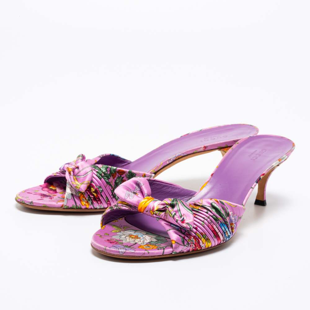 

Gucci Purple Floral Print Satin Bow Slide Sandals Size