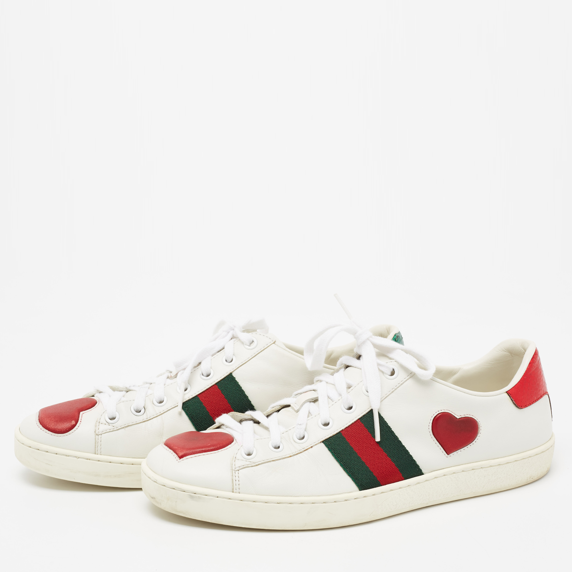 

Gucci White Leather Ace Web Heart Detail Low Top Sneakers Size