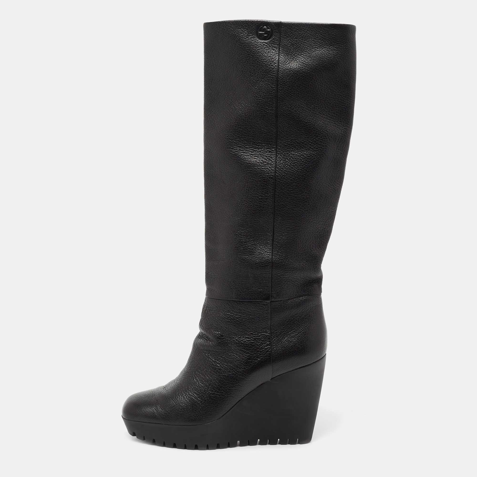 Pre Owned Gucci Black Leather Wedge Knee Length Boots Size 37