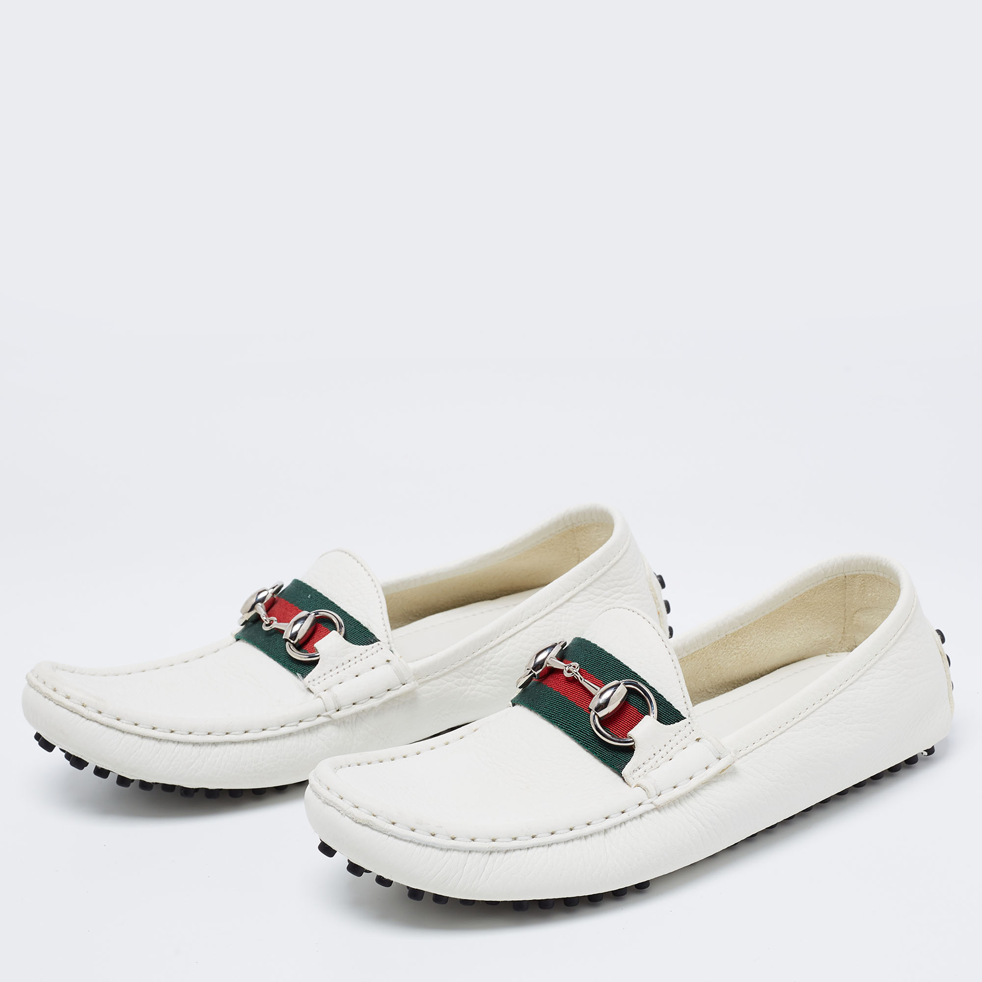 

Gucci White Leather Horsebit Web Detail Loafers Size