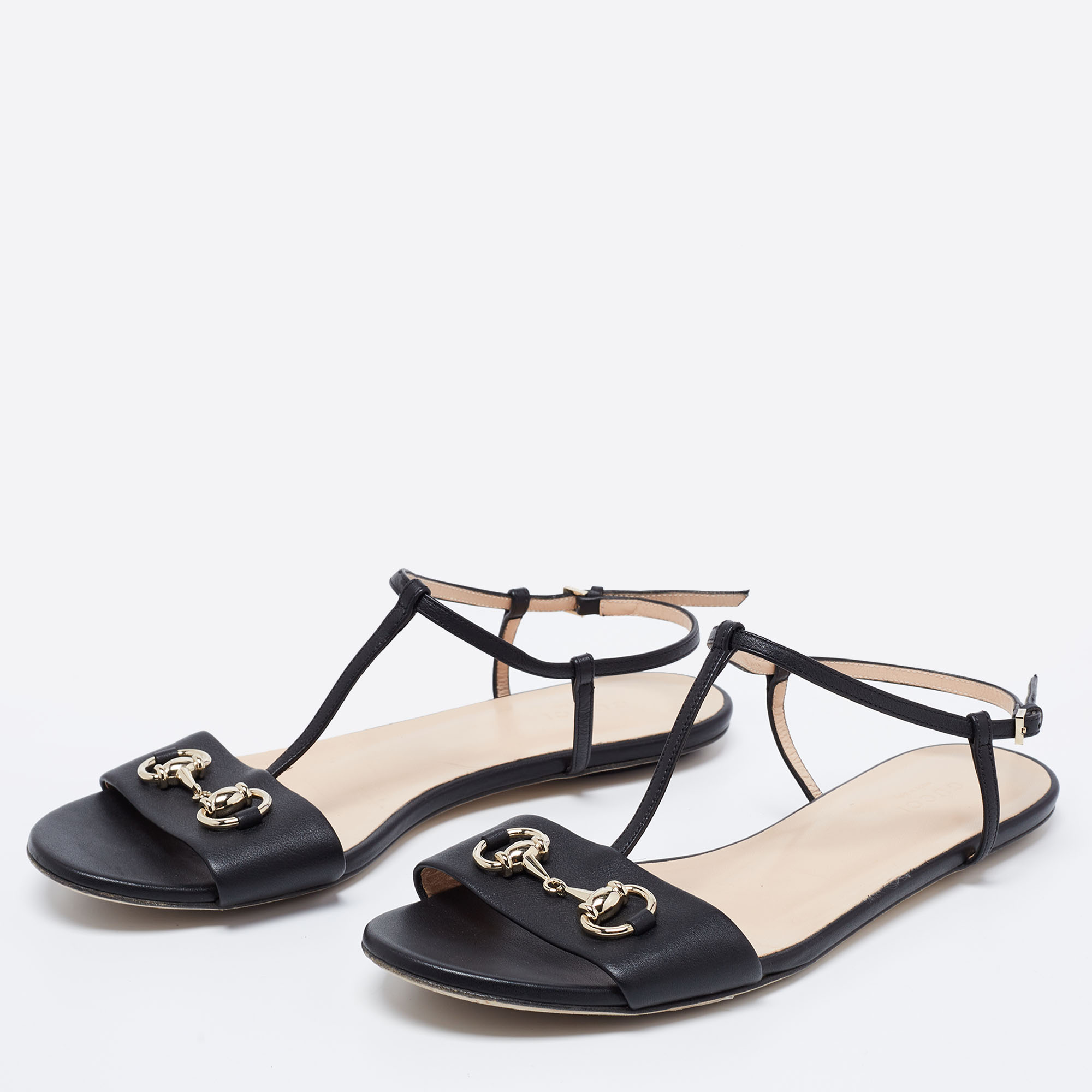 

Gucci Black Leather Horsebit T-Strap Flats Size