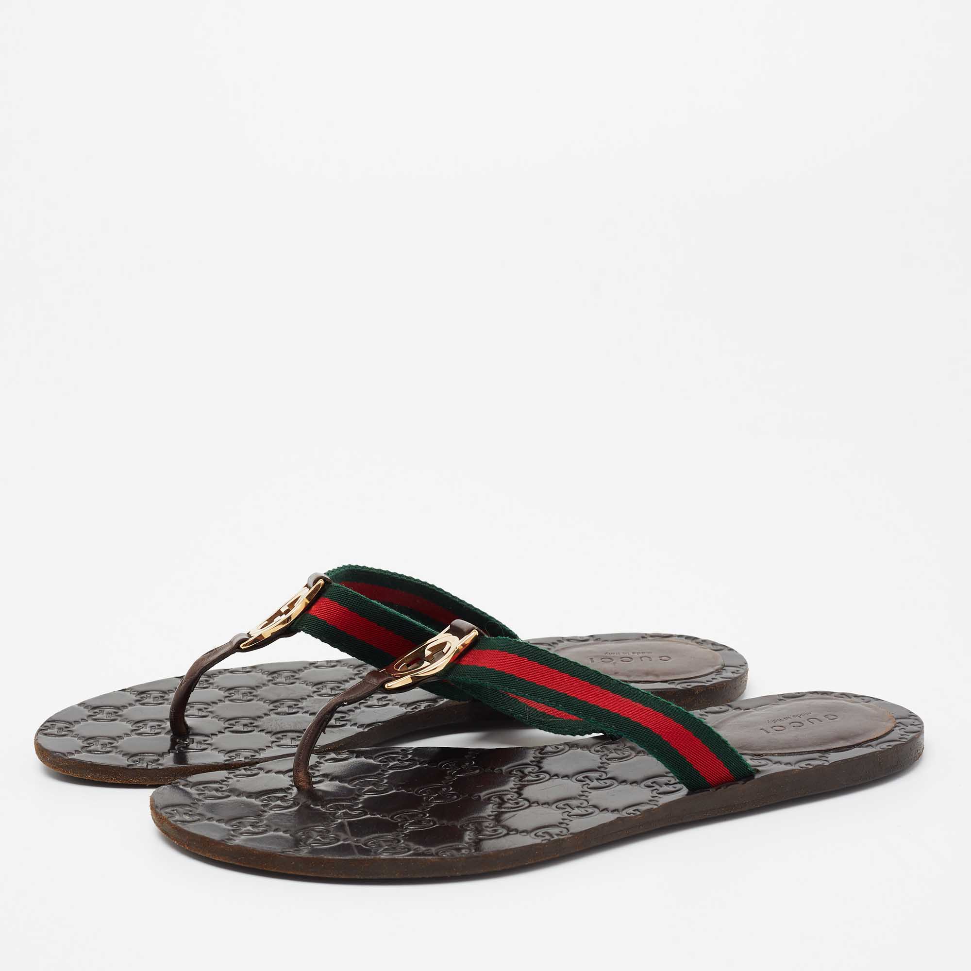 

Gucci Brown Leather GG Web Thong Sandals Size