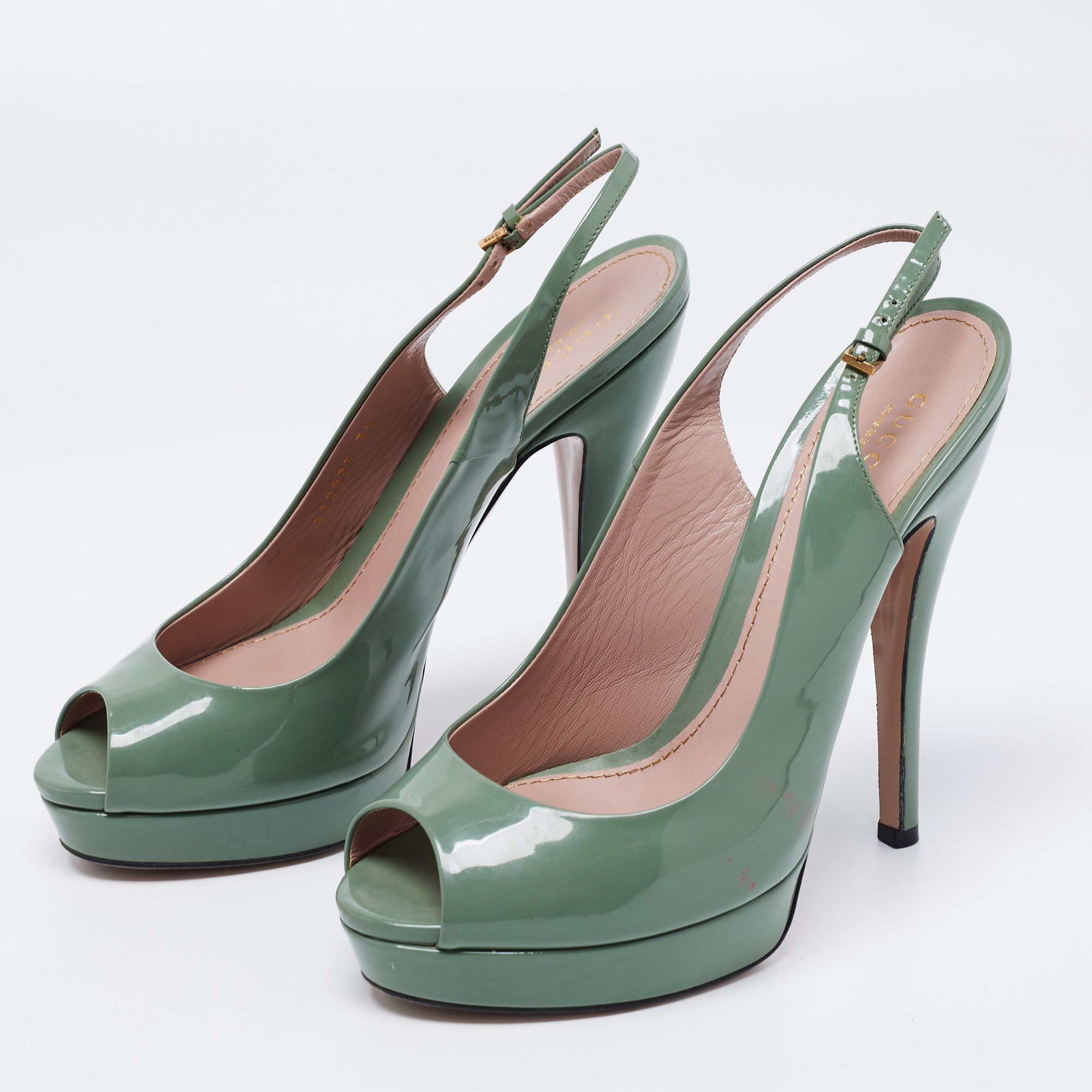 

Gucci Green Patent Leather Peep Toe Platform Slingback Pumps Size