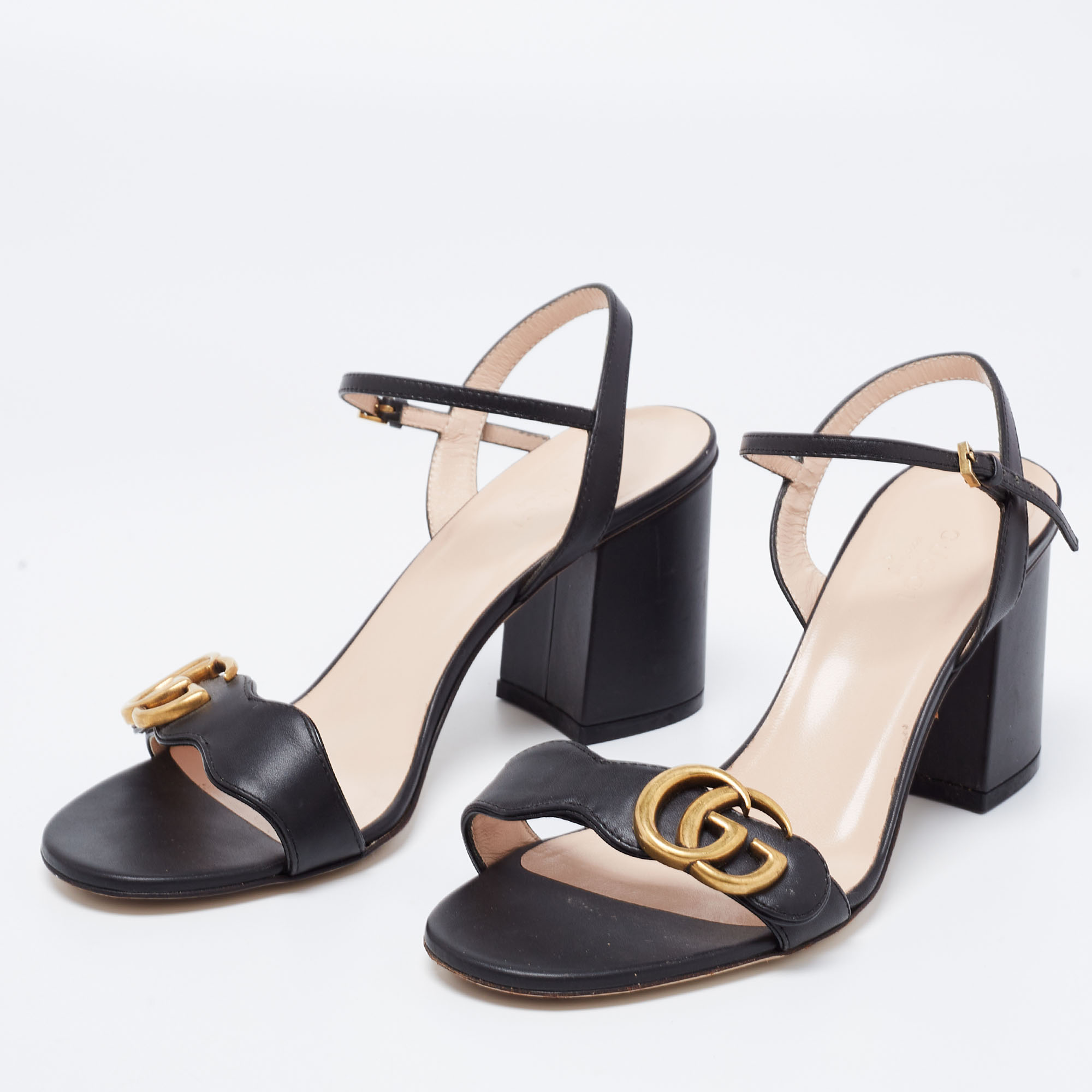 

Gucci Black Leather GG Marmont Block Heel Ankle Strap Sandals Size