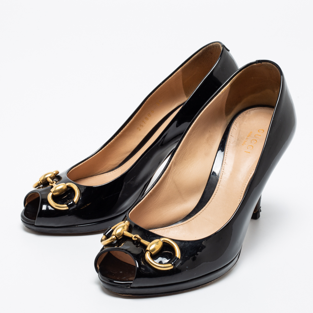 

Gucci Black Patent Leather Horsebit Peep-Toe Platform Pumps Size