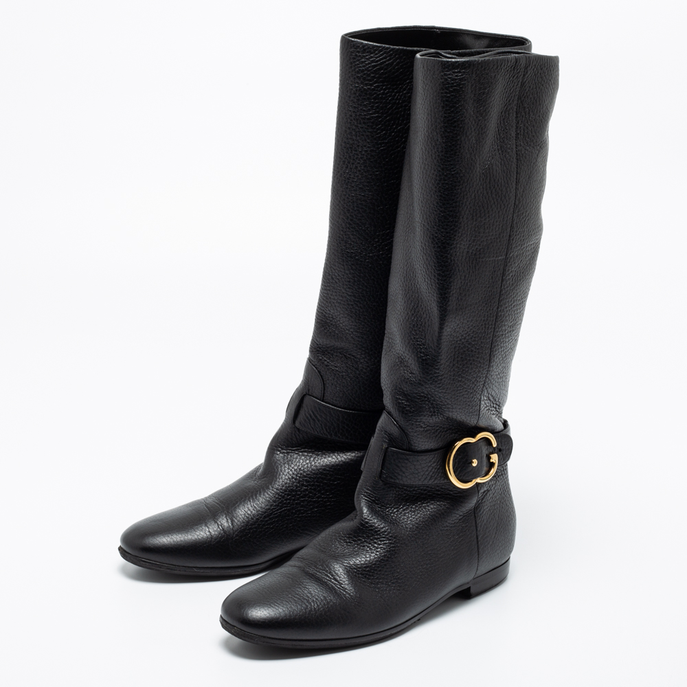 

Gucci Black Leather Sachalin Interlocking Double G Riding Boots Size