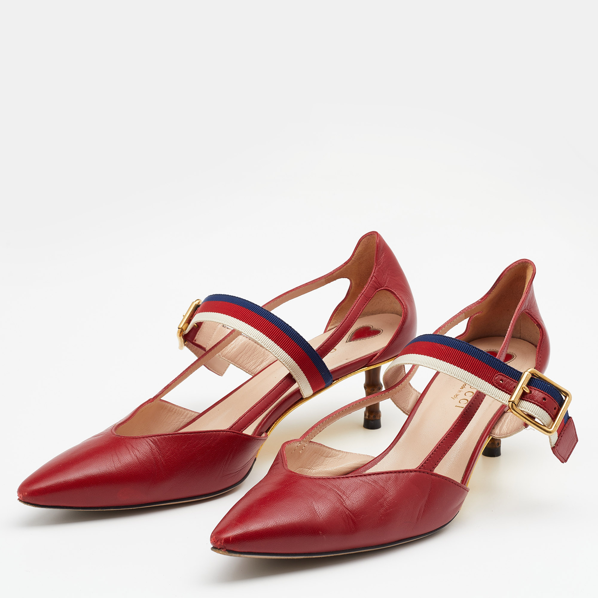 

Gucci Red Leather Sylvie Web Strap Bamboo Heel Unia Pumps Size