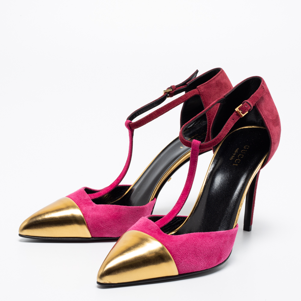 

Gucci Tri Color Suede and Leather Cap Toe Coline T-Strap Pumps Size, Pink