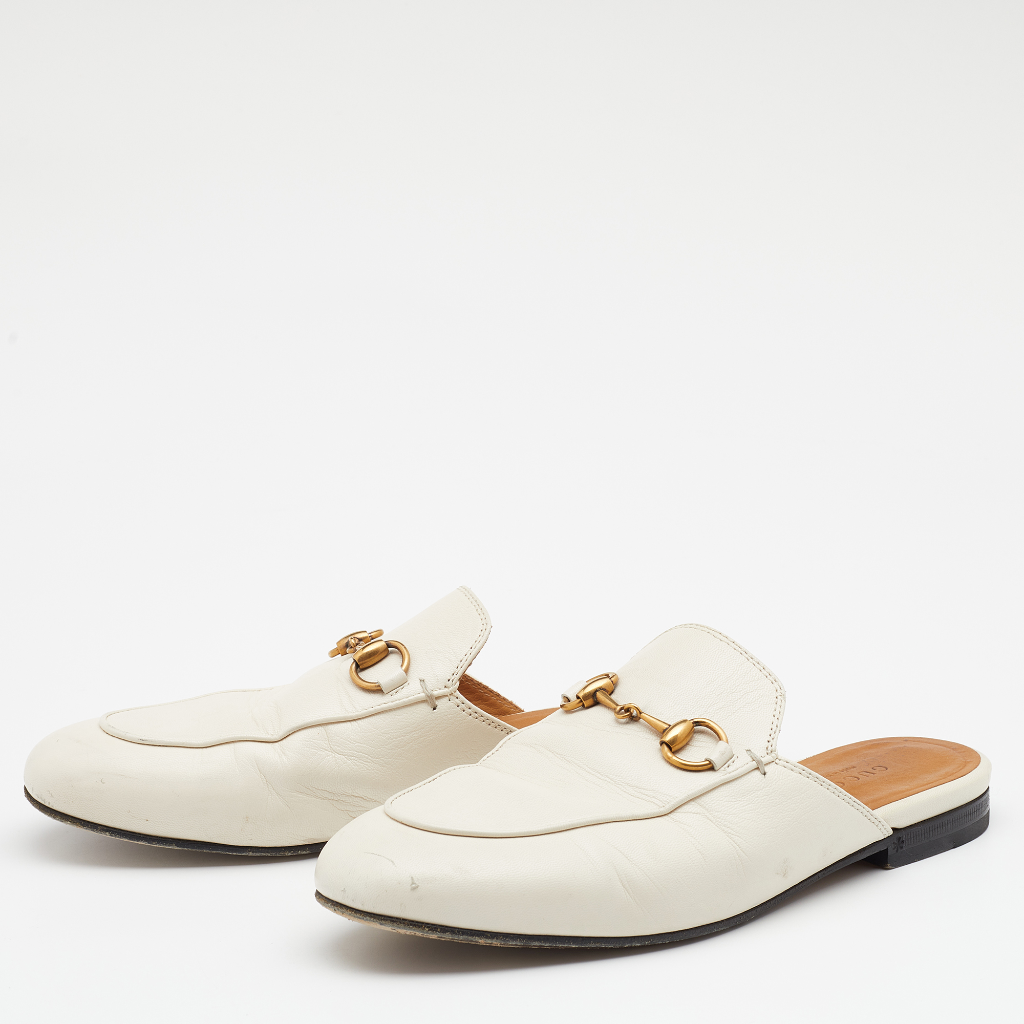 

Gucci White Leather Princetown Horsebit Flat Mules Size