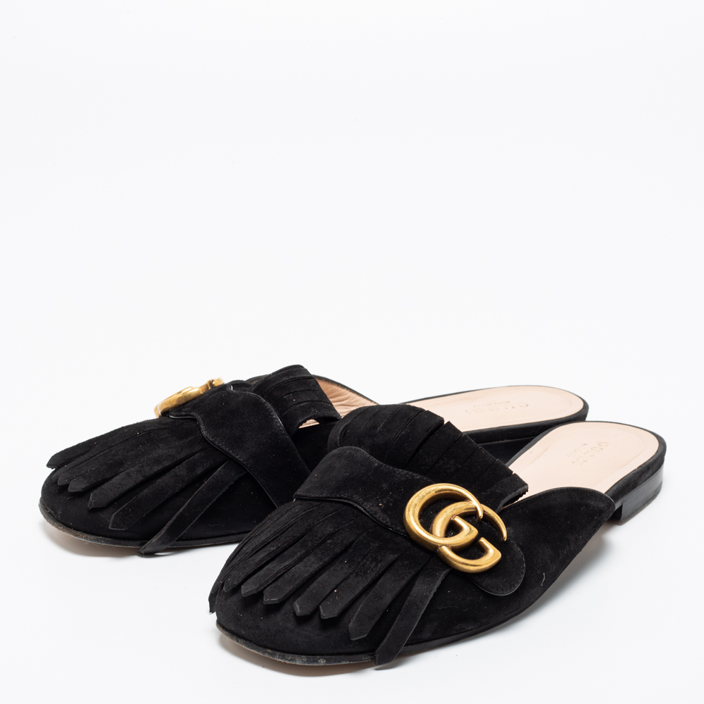 

Gucci Black Suede GG Marmont Kiltie Mules Size