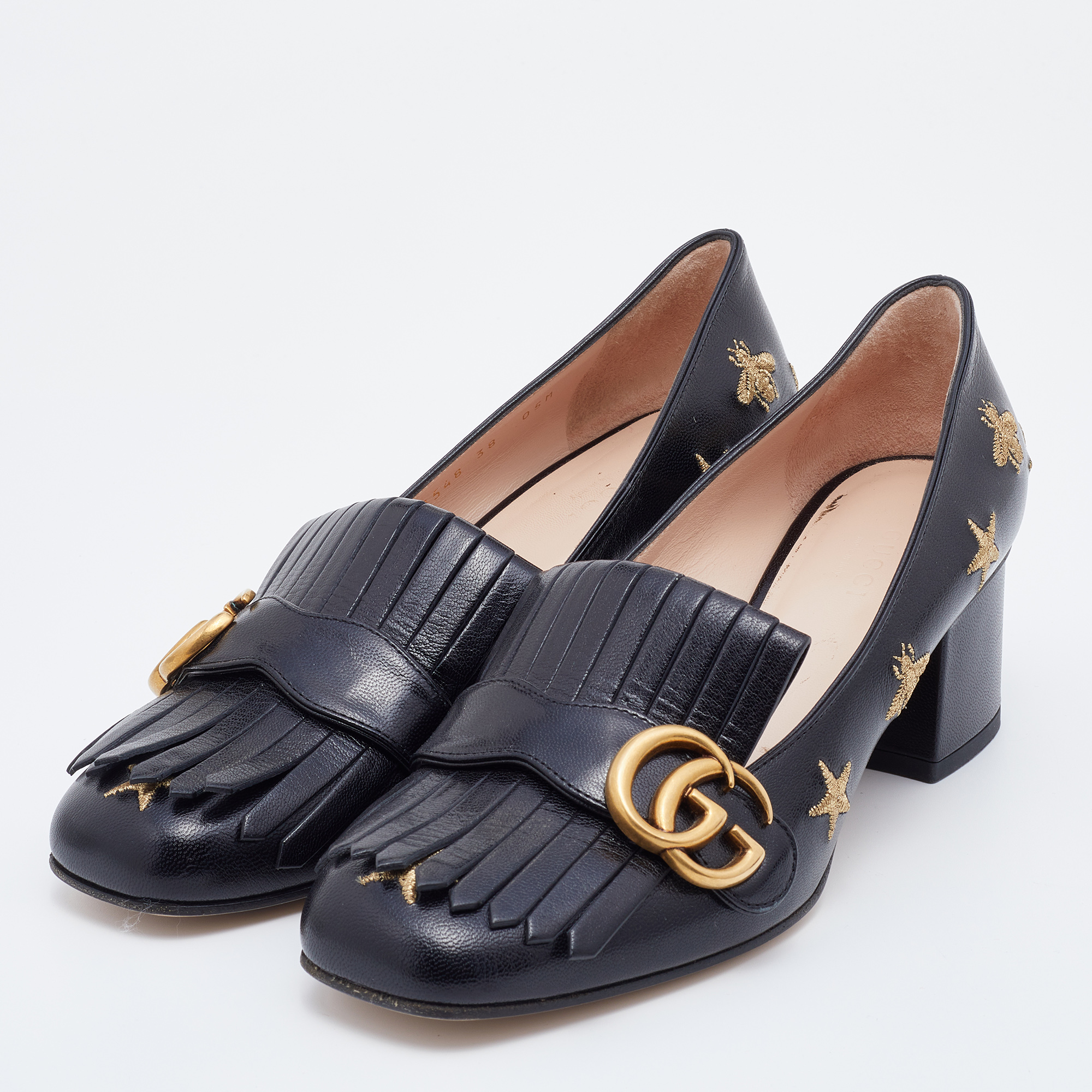 

Gucci Black Leather GG Marmont Fringe Pumps Size