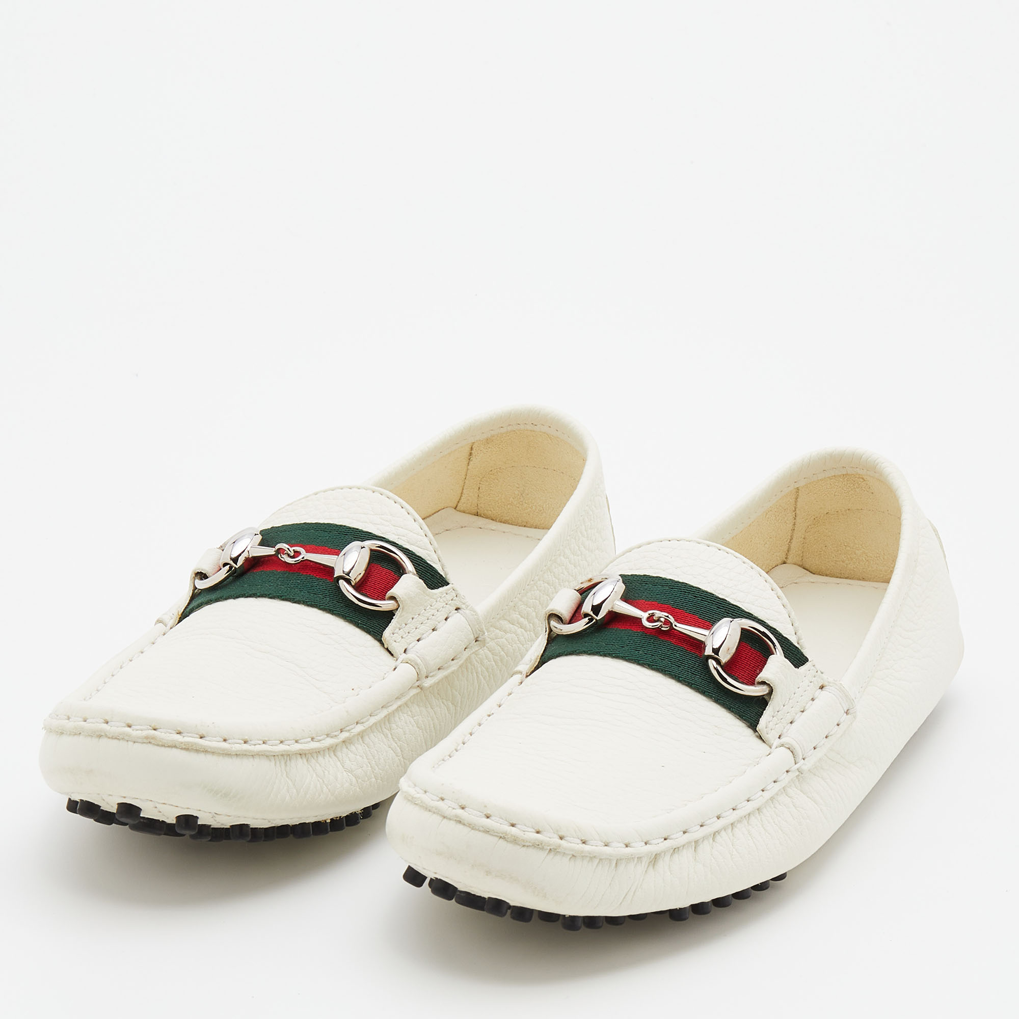

Gucci White Leather Web Horsebit Slip On Loafers Size