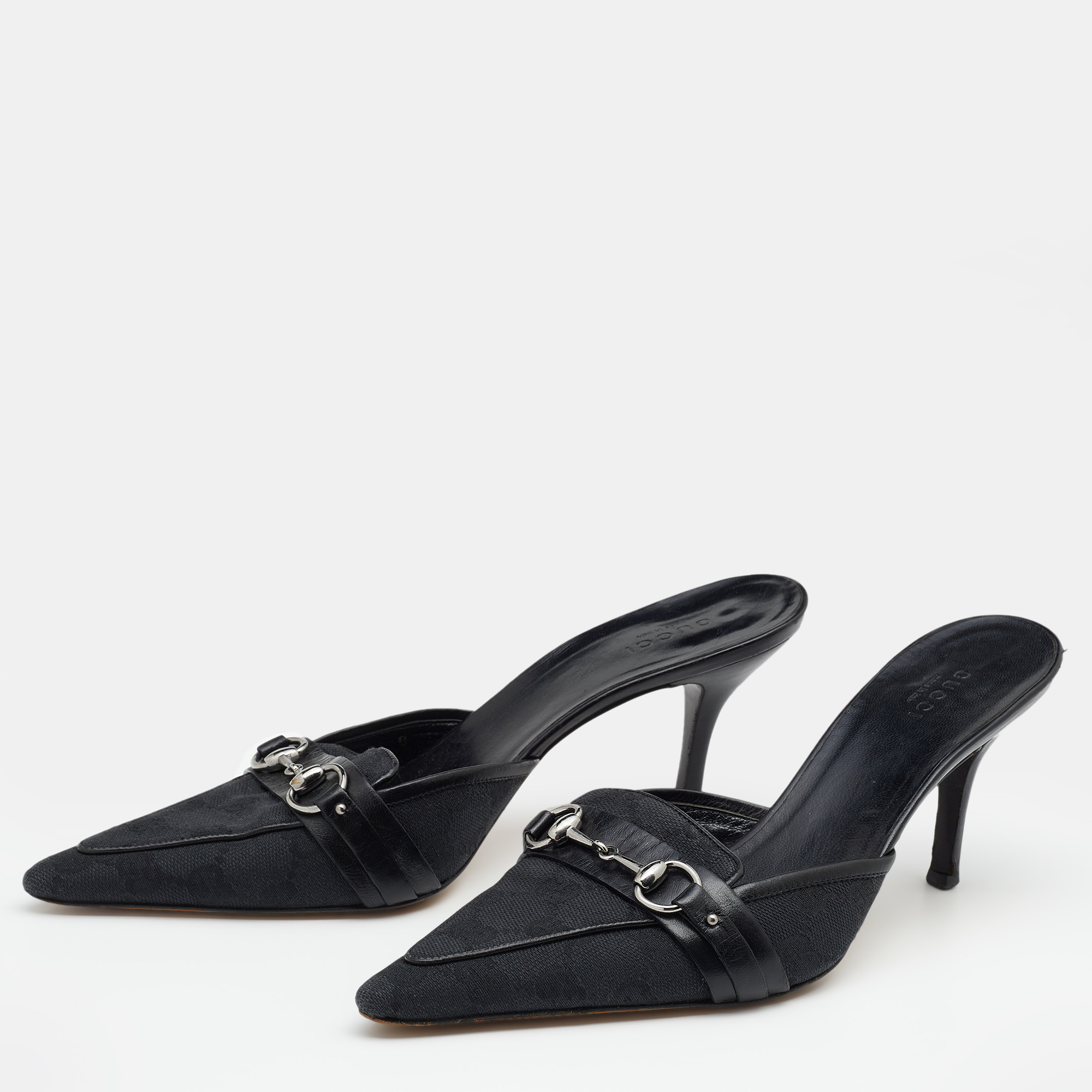 

Gucci Black GG Canvas And Leather Horsebit Pointed Toe Mules Size