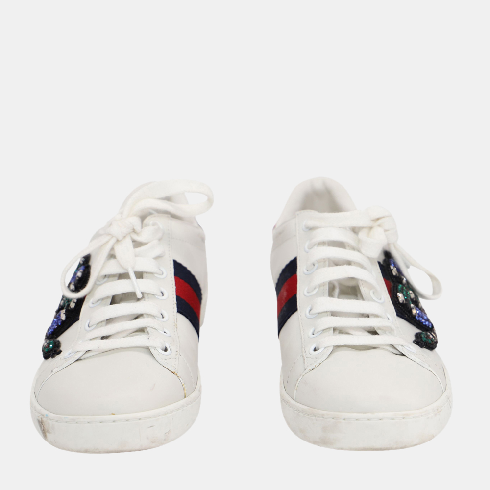 

Gucci White Leather Snake Crystal Embellished Ace Sneakers Size EU