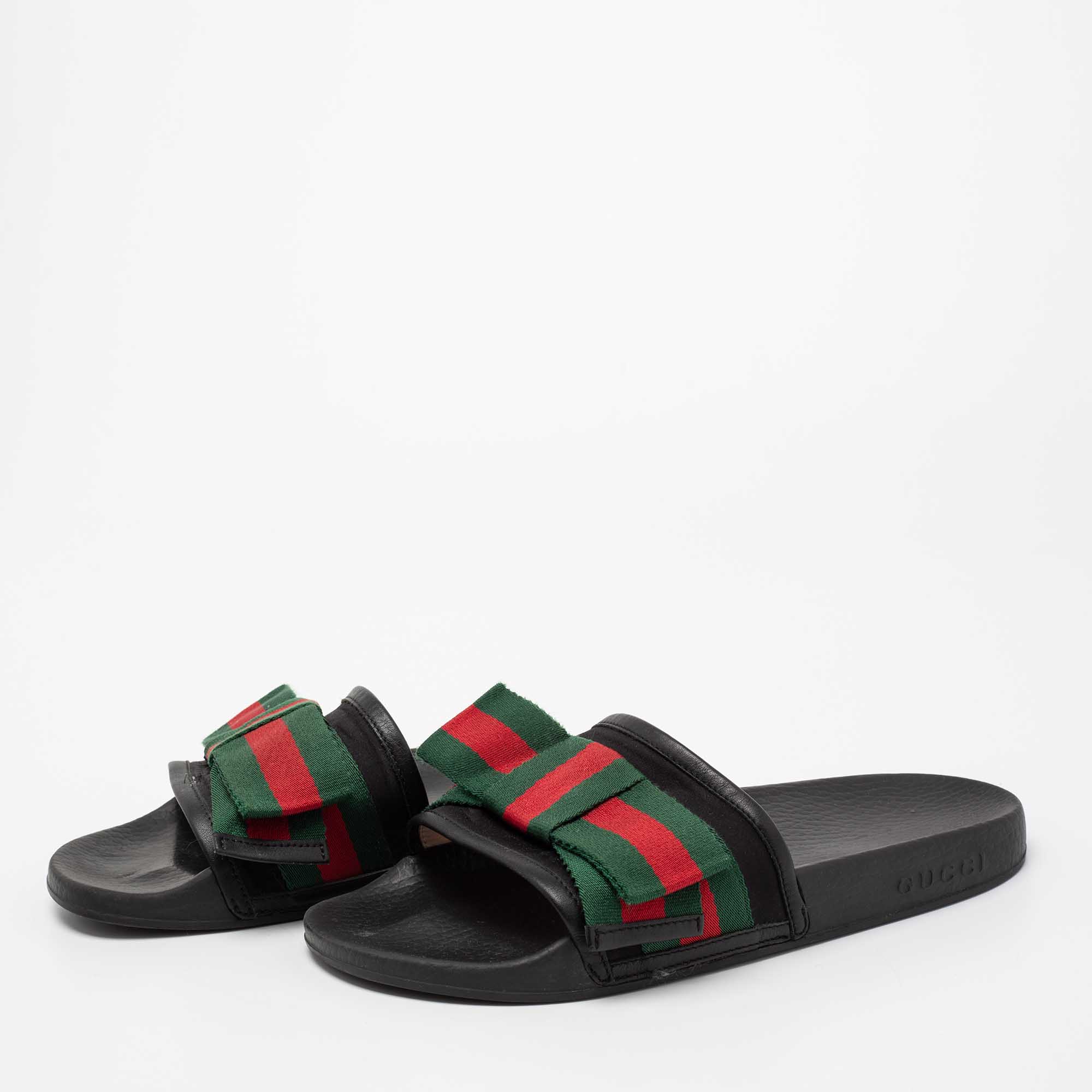 

Gucci Black Leather Trim, Satin and Fabric Web Bow Flat Slides Size