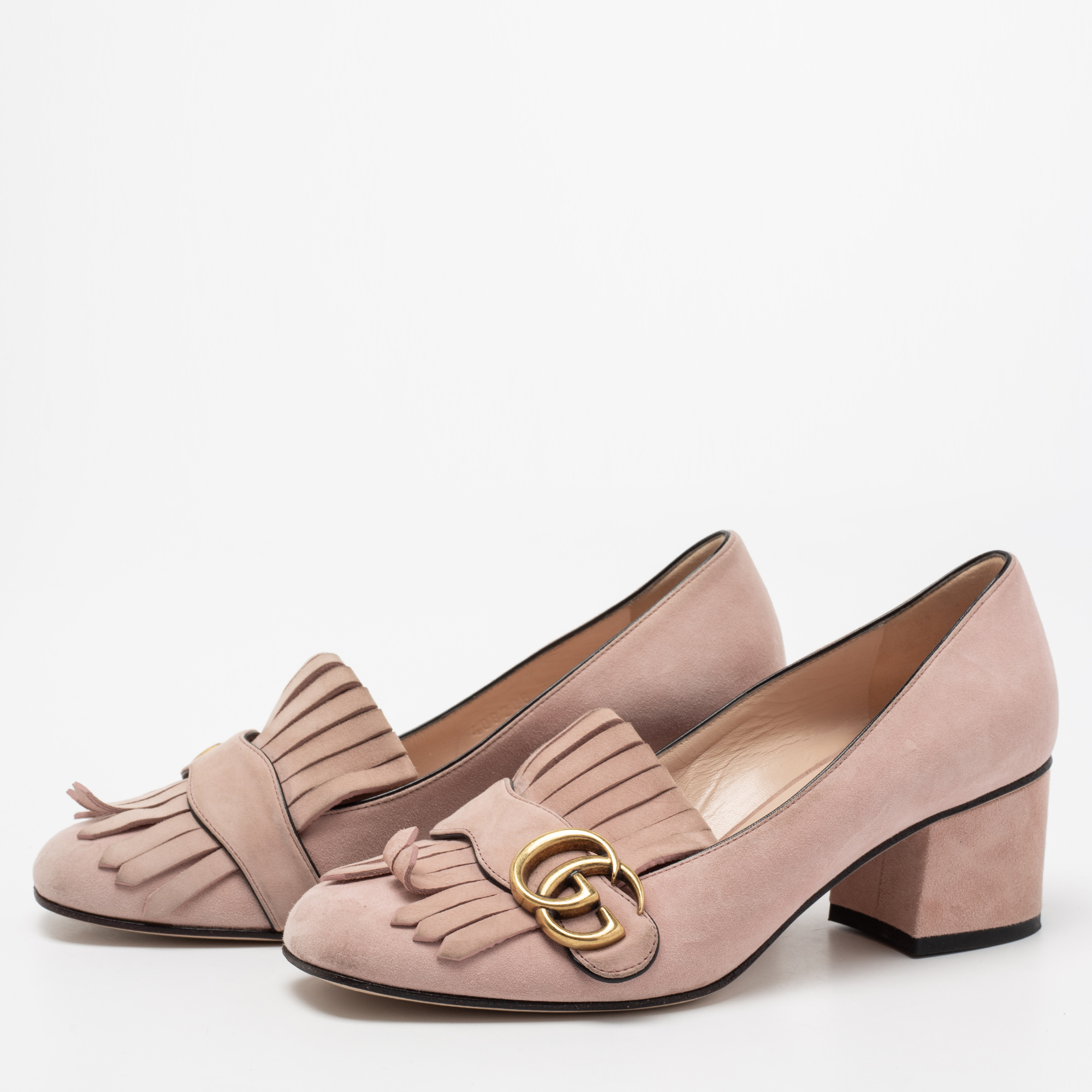 

Gucci Light Pink Suede GG Marmont Fringe Block Heel Pumps Size
