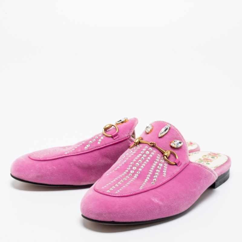 

Gucci Light Pink Velvet Crystal Embellished Princetown Flat Mules Size