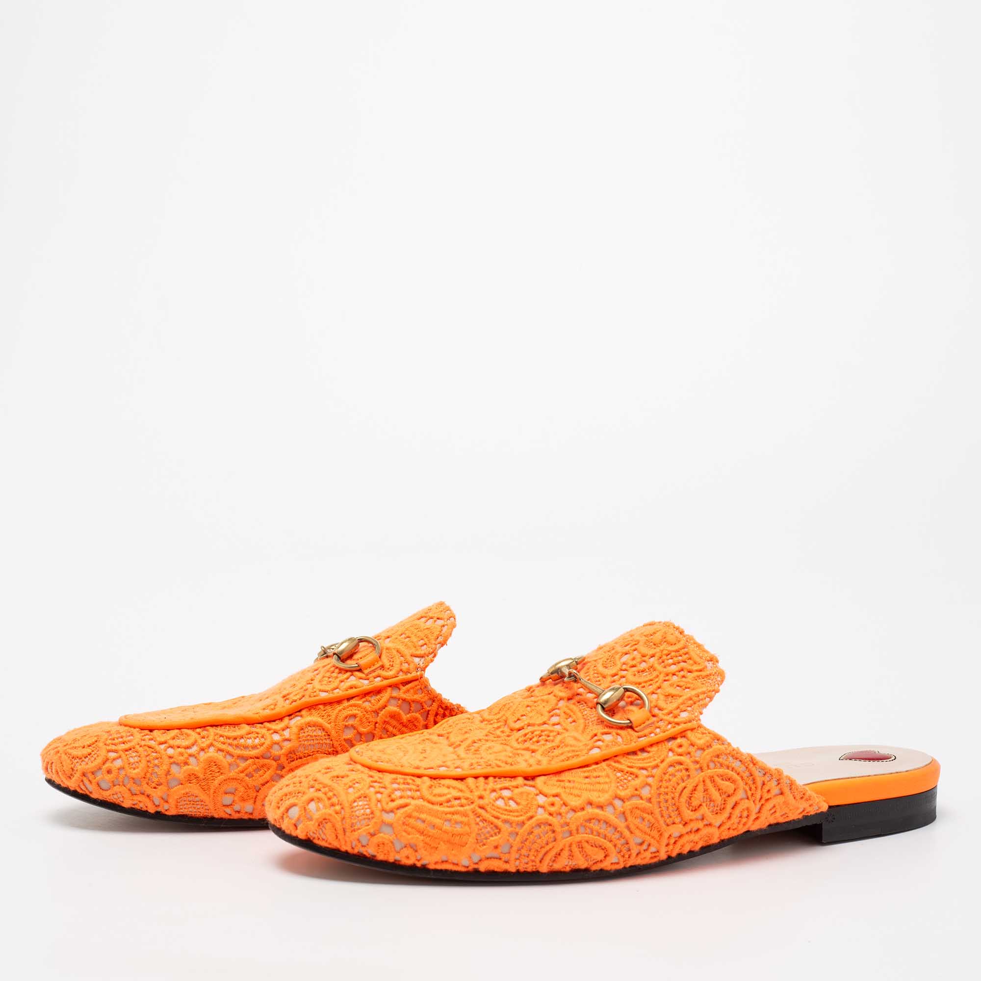 

Gucci Neon Orange Lace Princetown Flat Mules Size