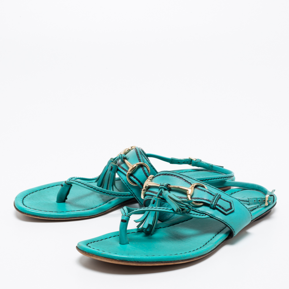 

Gucci Turquoise Leather Tassel Horsebit Flat Thong Sandals Size, Blue