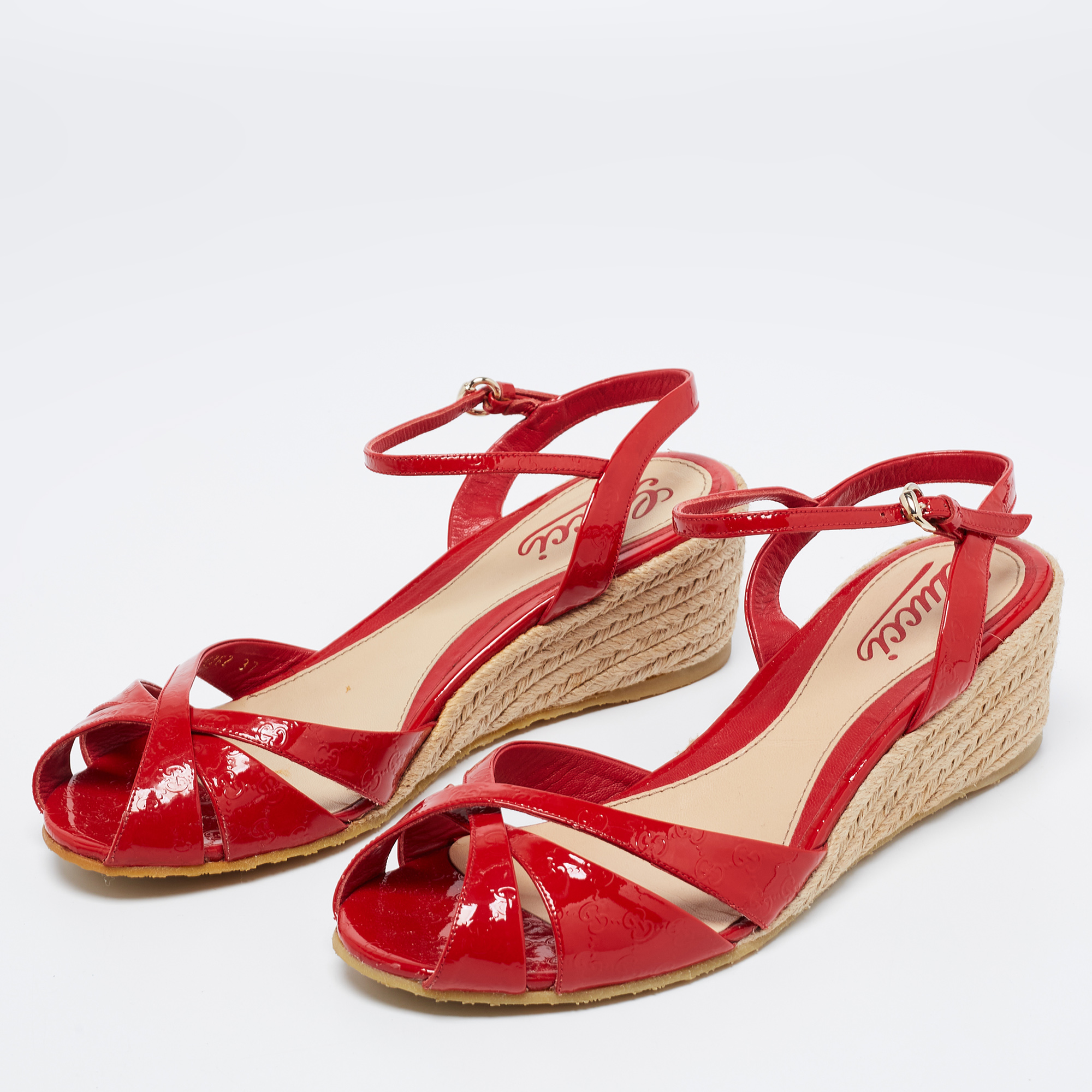 

Gucci Red Microguccissima Patent Leather Penelope Espadrille Wedge Ankle Strap Sandals Size
