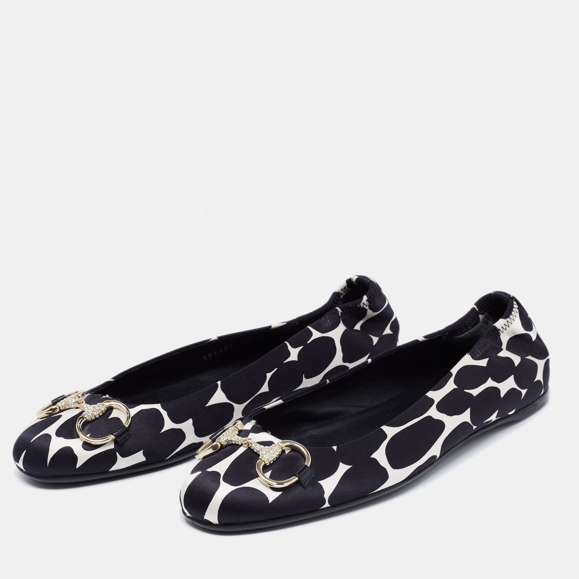 

Gucci Black/White Polka Dot Satin Crystal Horsebit Ballet Flats Size