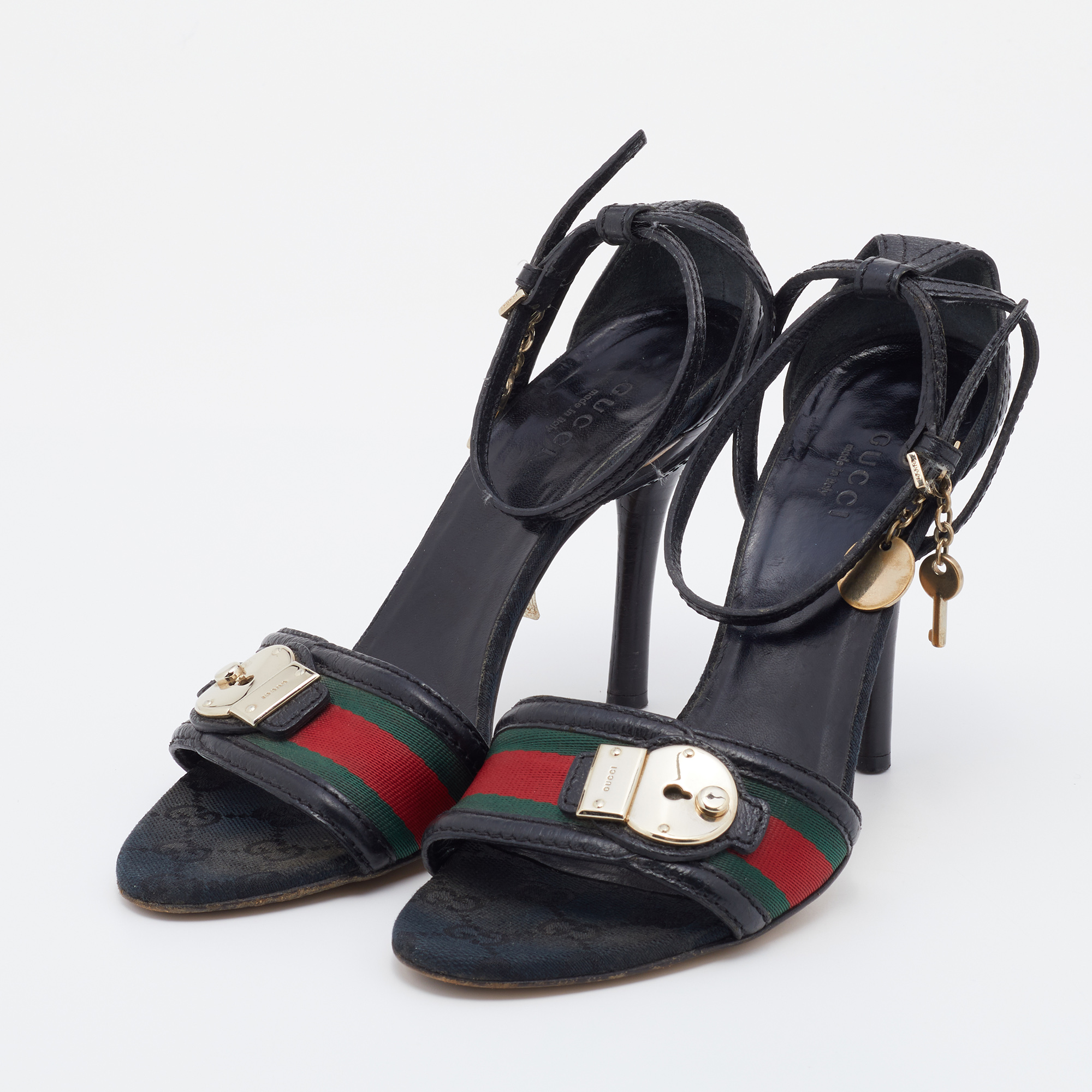 

Gucci Black Leather Web Lock Charm Detail Ankle Strap Sandals Size