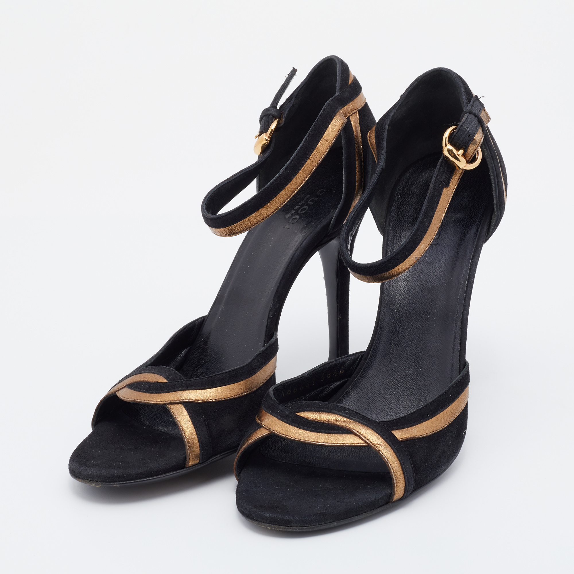 

Gucci Black/Gold Suede And Leather Ankle Strap Sandals Size