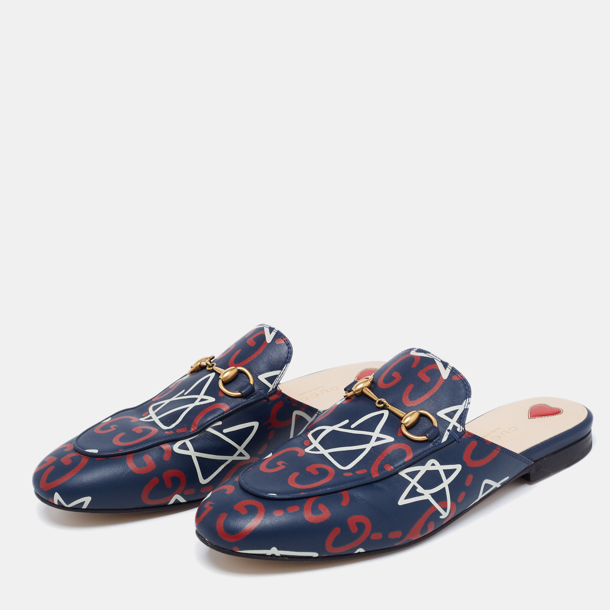 

Gucci Blue Ghost Print Leather Princetown Horsebit Flat Mules Size