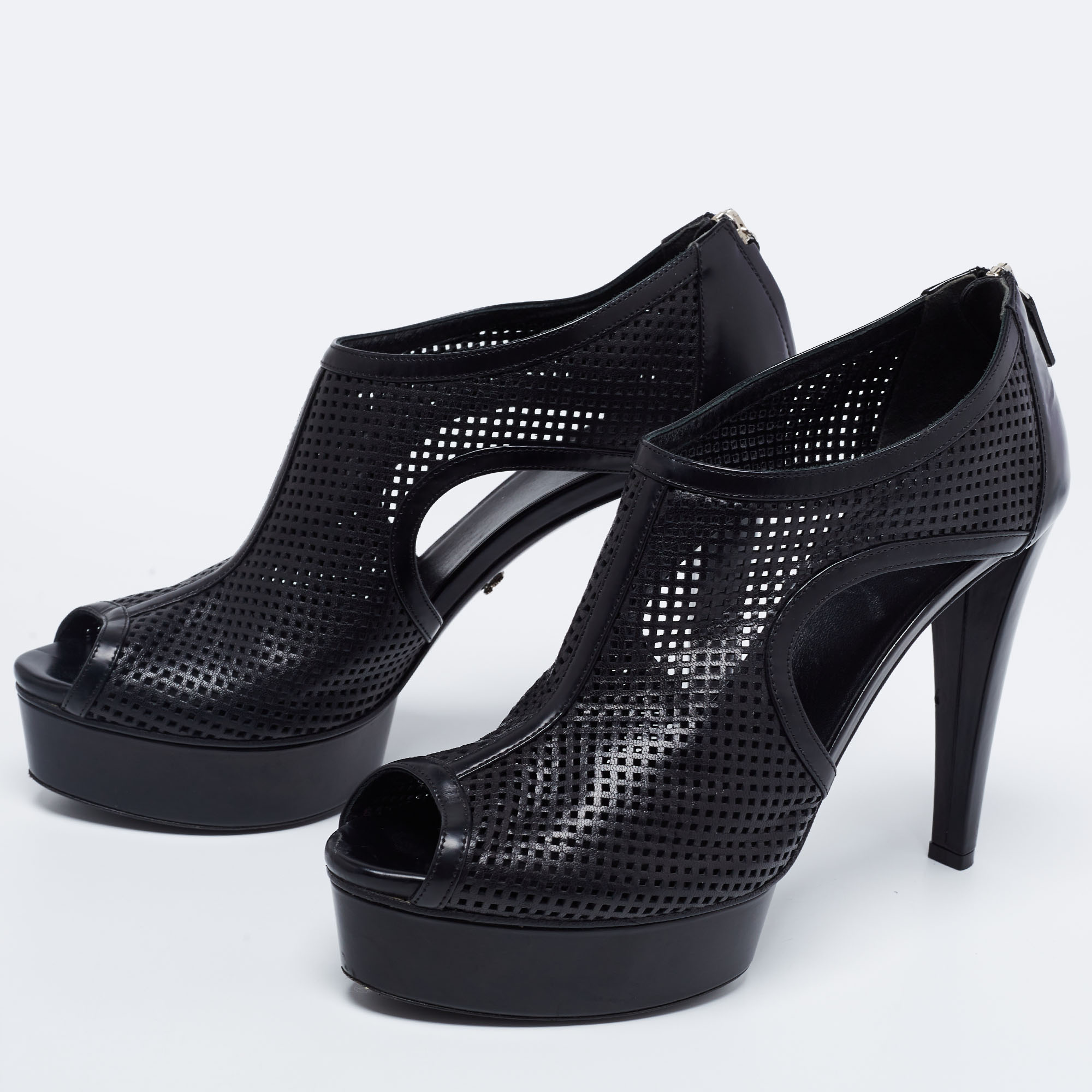 

Gucci Black Perforated Leather Kim Peep-Toe Platform Ankle Booties Size