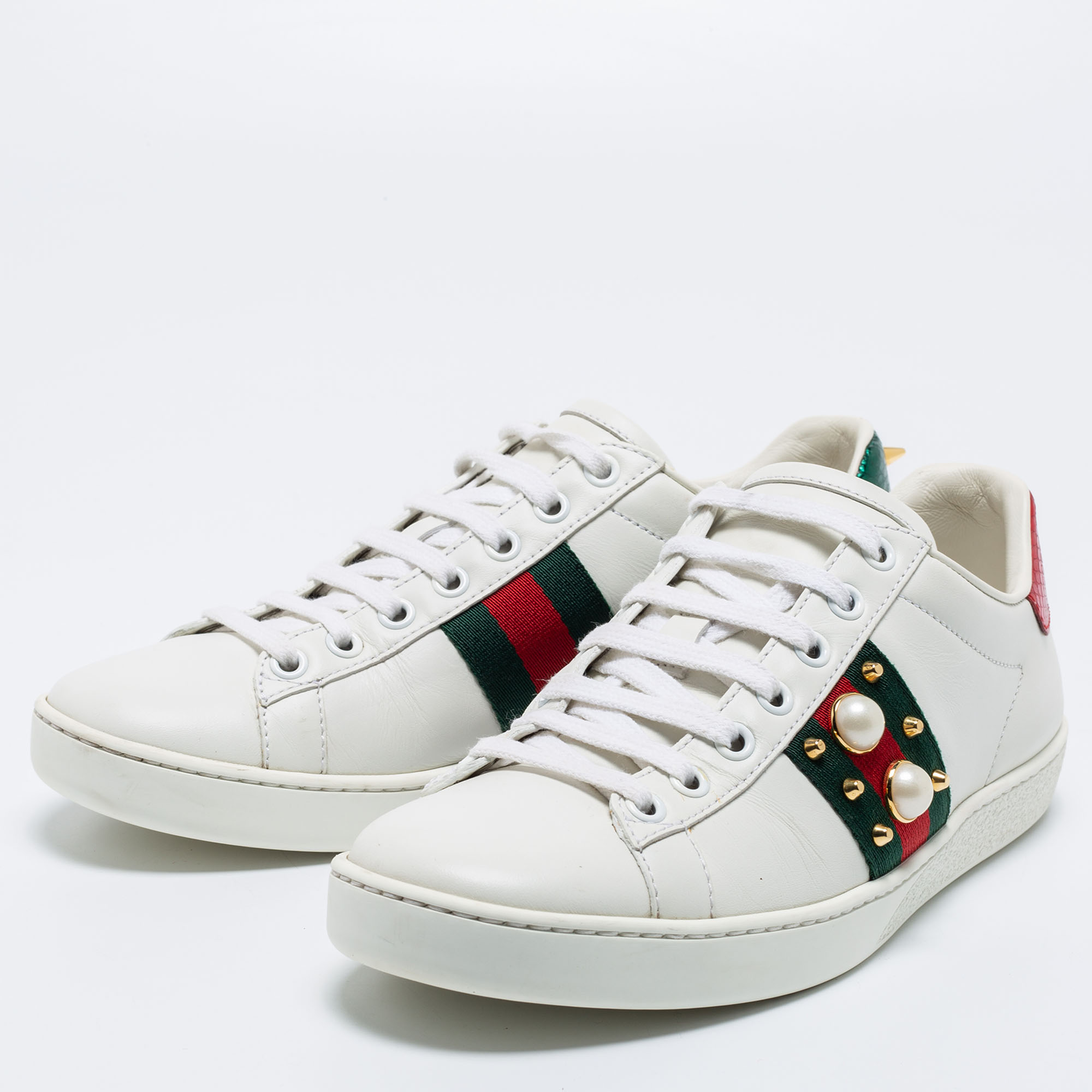

Gucci White Leather Faux Pearl and Spikes Embellished Ace Low Top Sneakers Size