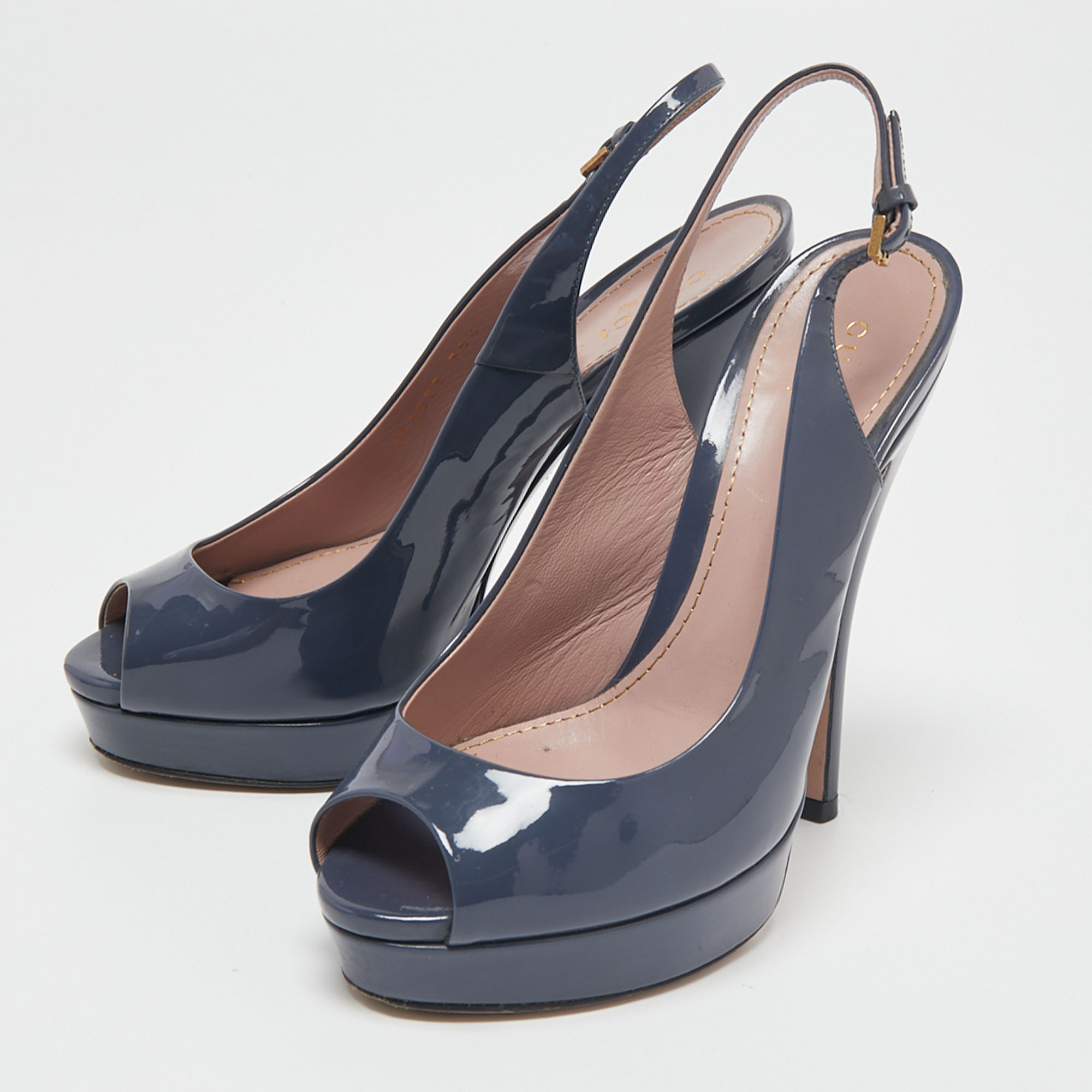 

Gucci Slate Grey Patent Leather Peep-Toe Platform Slingback Sandals Size