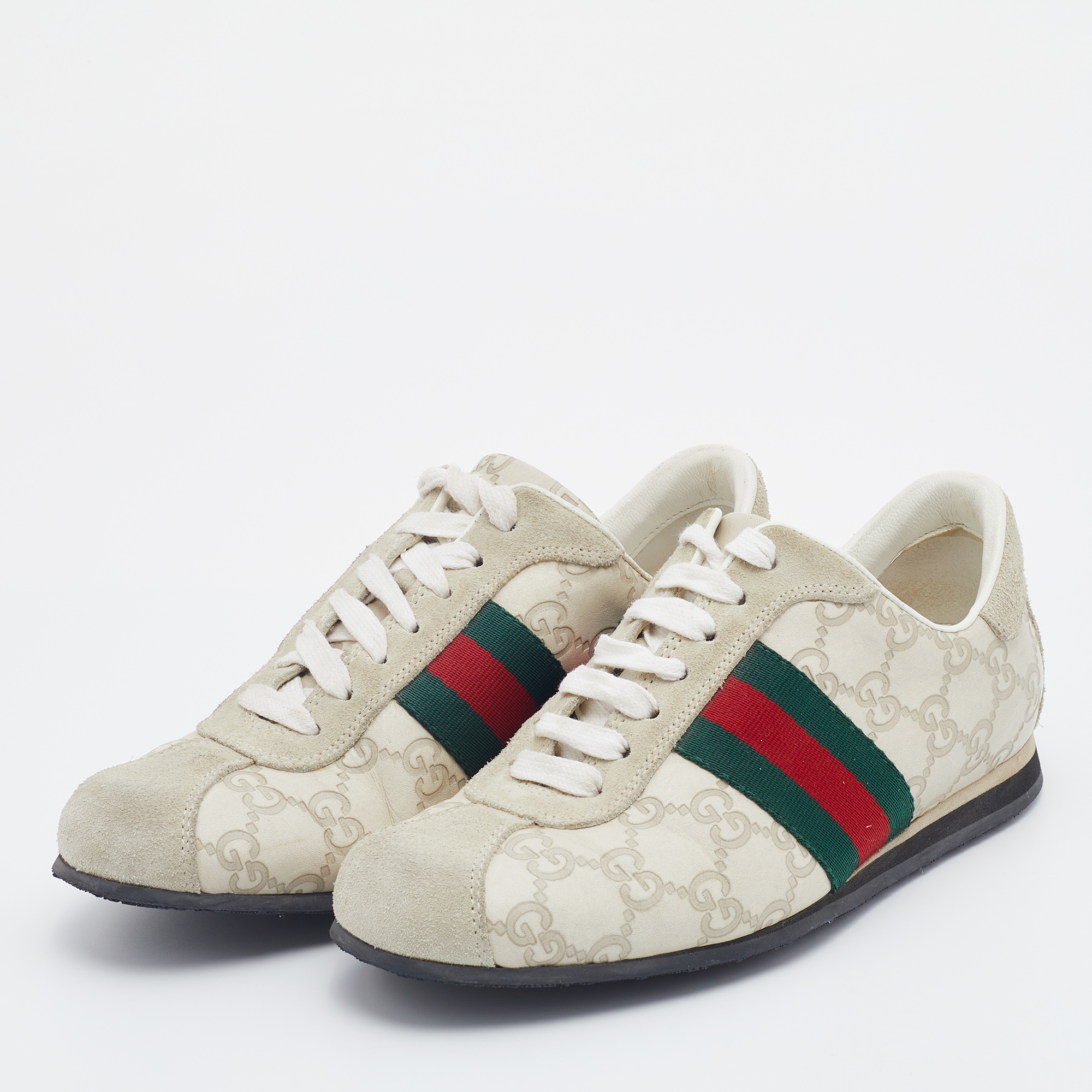 

Gucci Off-White Guccissima Leather And Suede Web Low Top Sneakers Size