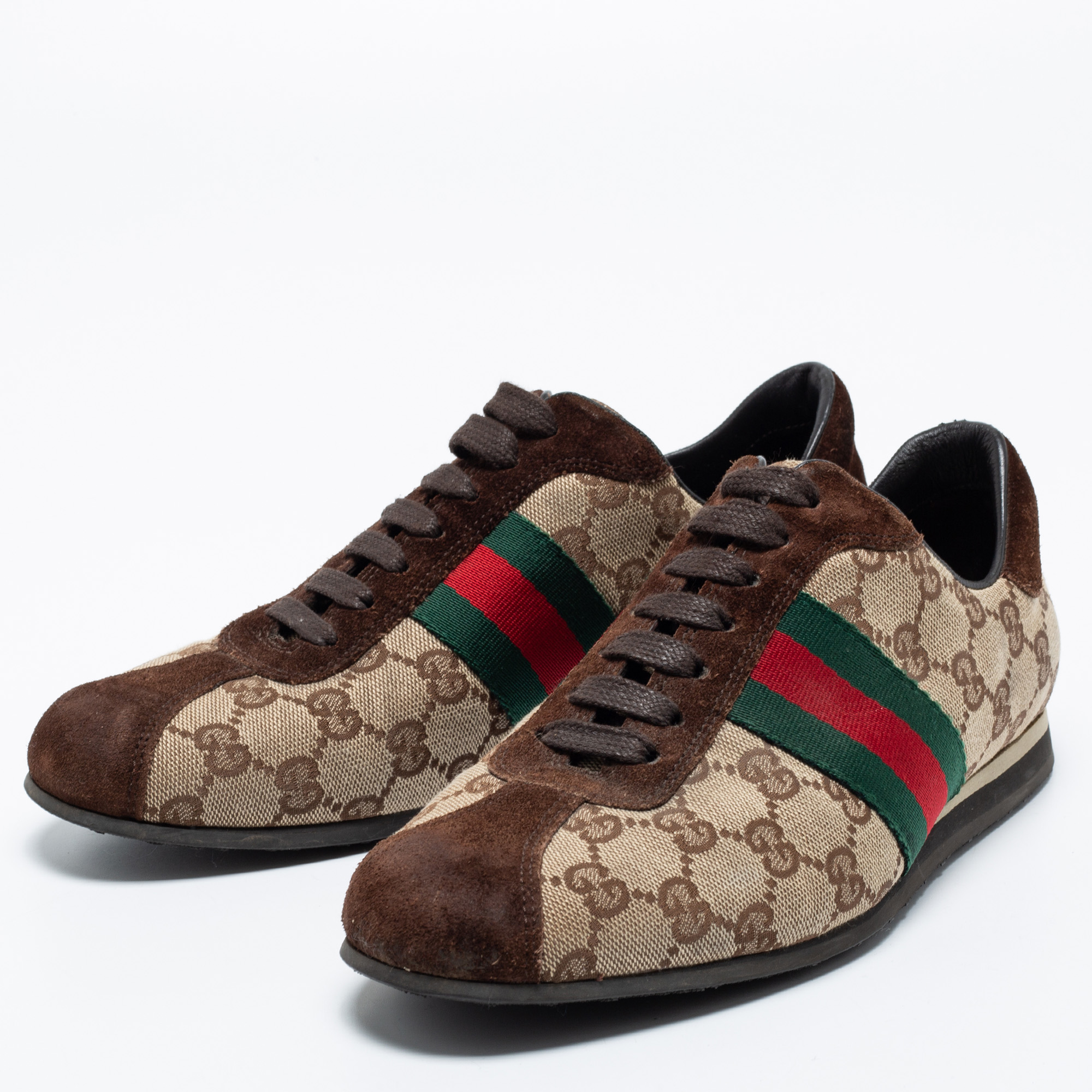 

Gucci Beige/Brown GG Canvas and Suede Web Low Top Sneakers Size