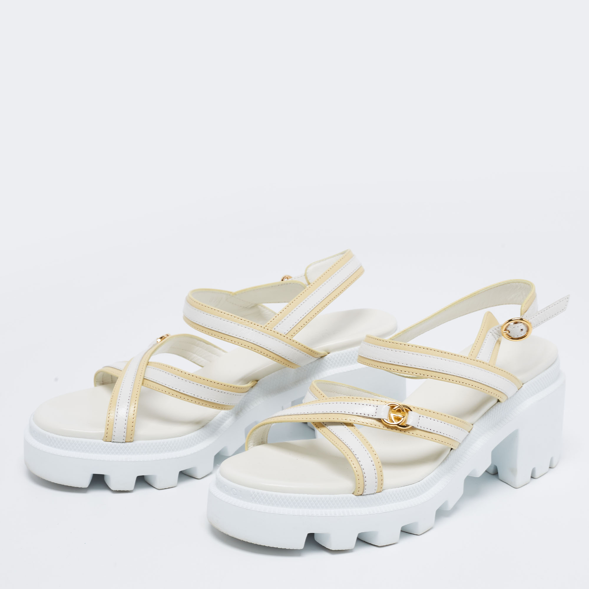 

Gucci White/Light Yellow Leather Lug Platform Block Heel Sandals Size