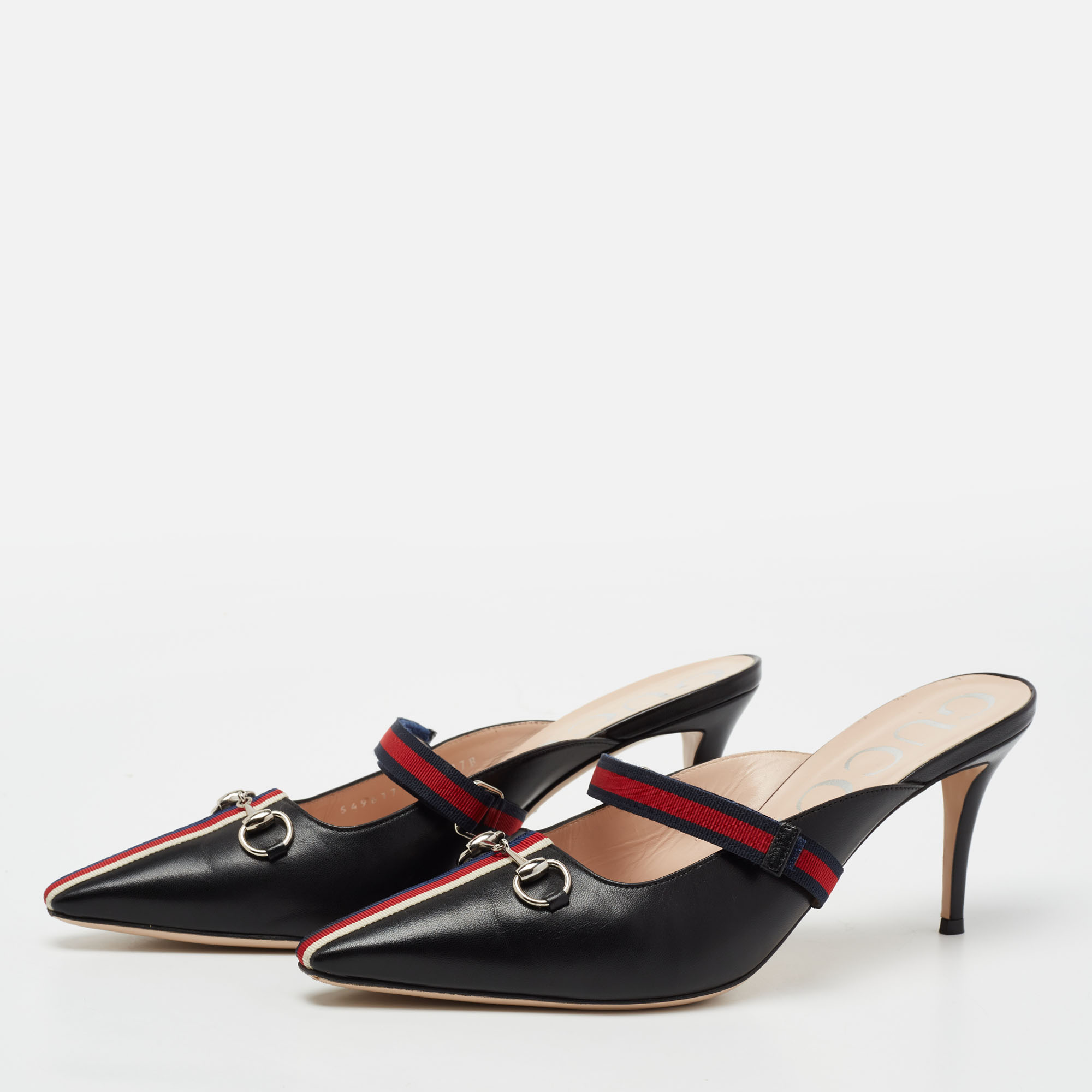 

Gucci Black/Red Leather Emma Web Strap Horsebit Mules Size