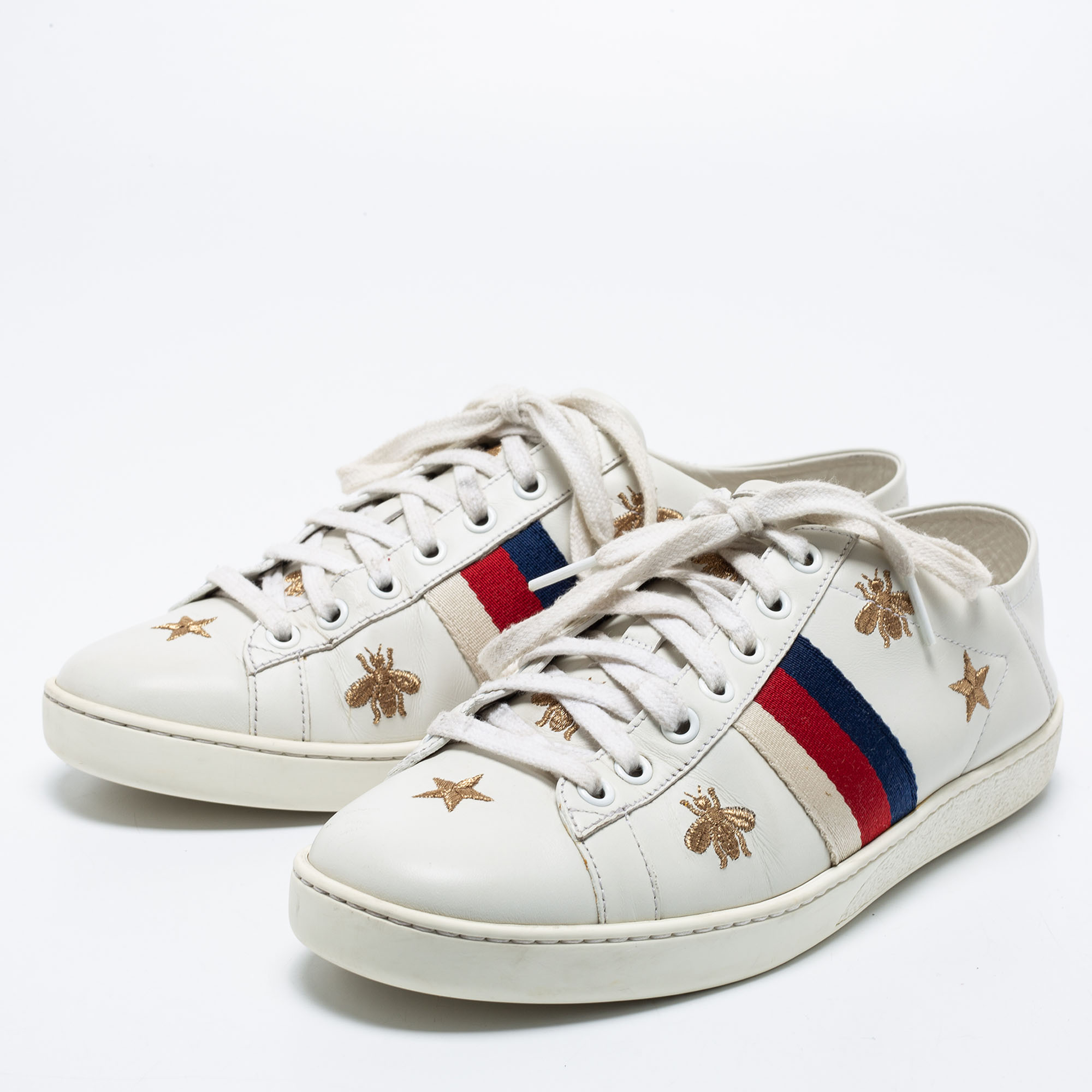 

Gucci Off White Leather Ace Bee And Stars Embroidered Low Top Sneakers Size