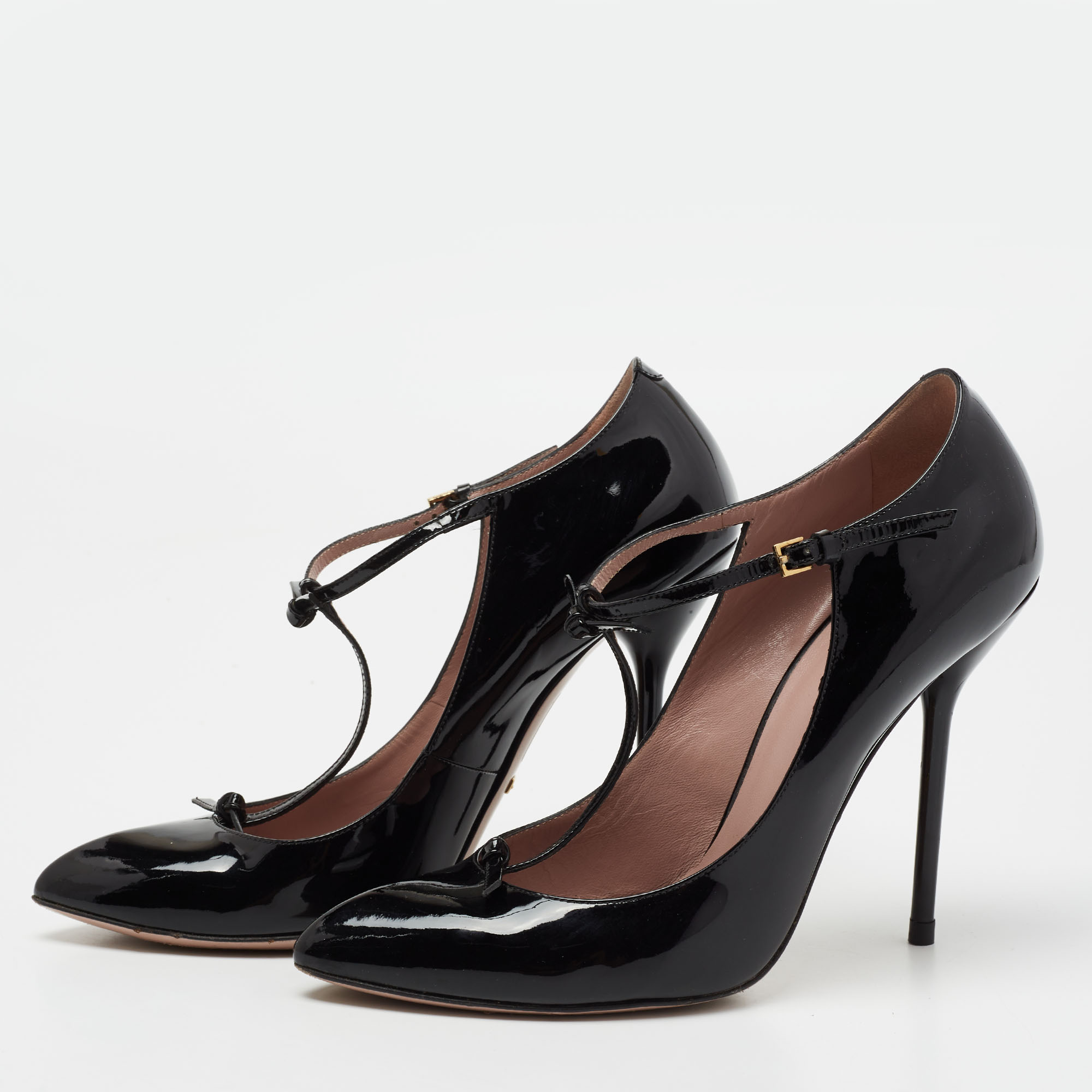 

Gucci Black Patent Leather Beverly T Strap Pumps Size