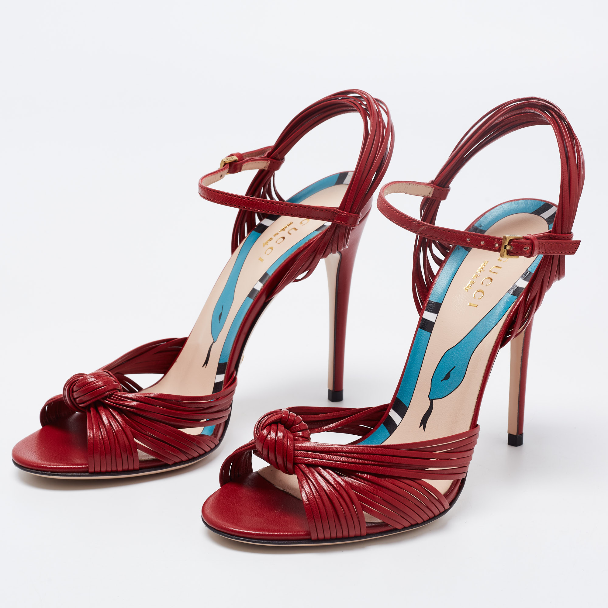 

Gucci Red Leather Strappy Allie Knot Ankle Strap Slingback Sandals Size