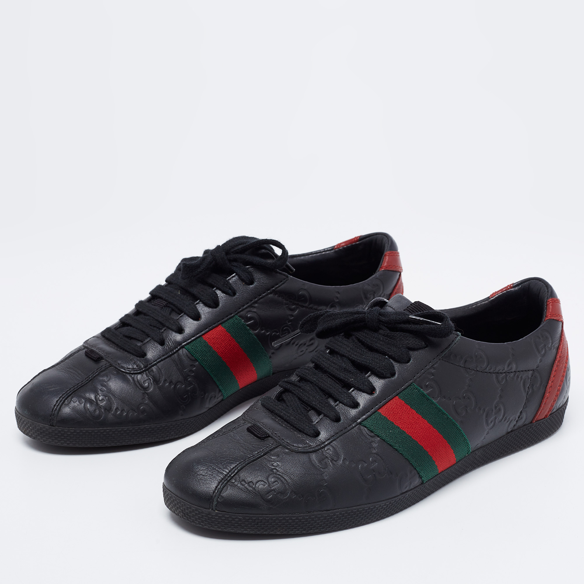 

Gucci Black Guccissima Leather Web Ace Low-Top Sneakers Size