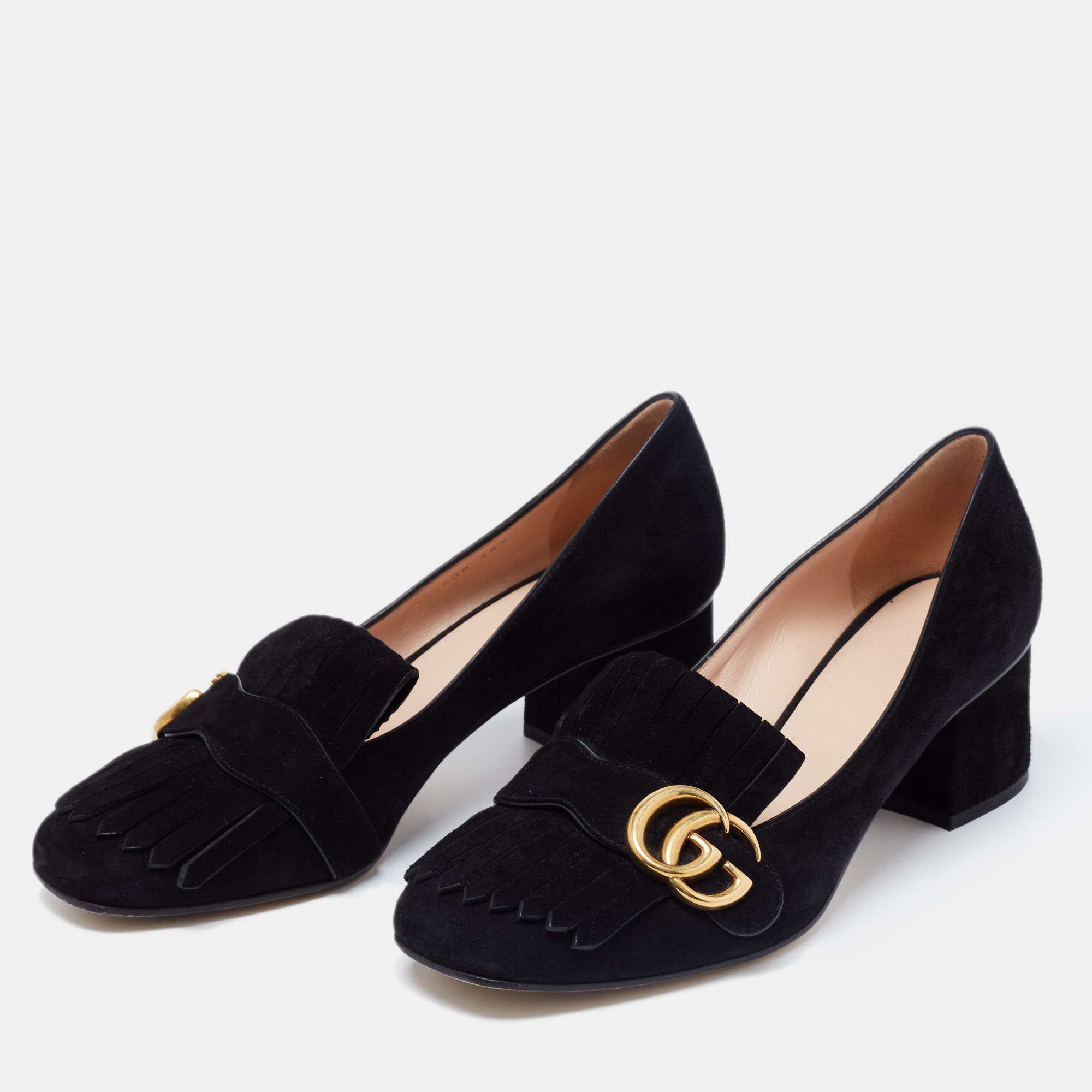 

Gucci Black Suede GG Marmont Fringe Block Heel Pumps Size