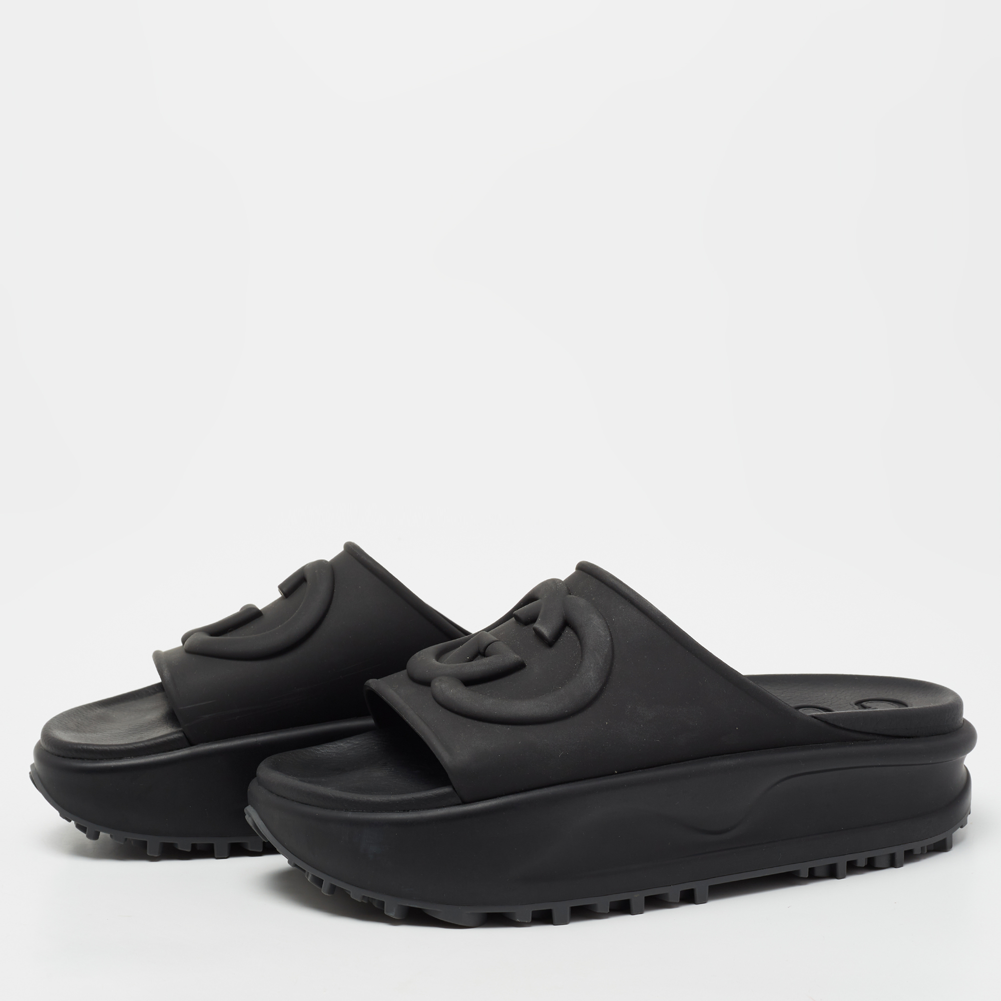

Gucci Black Rubber Interlocking G Slide Sandals Size