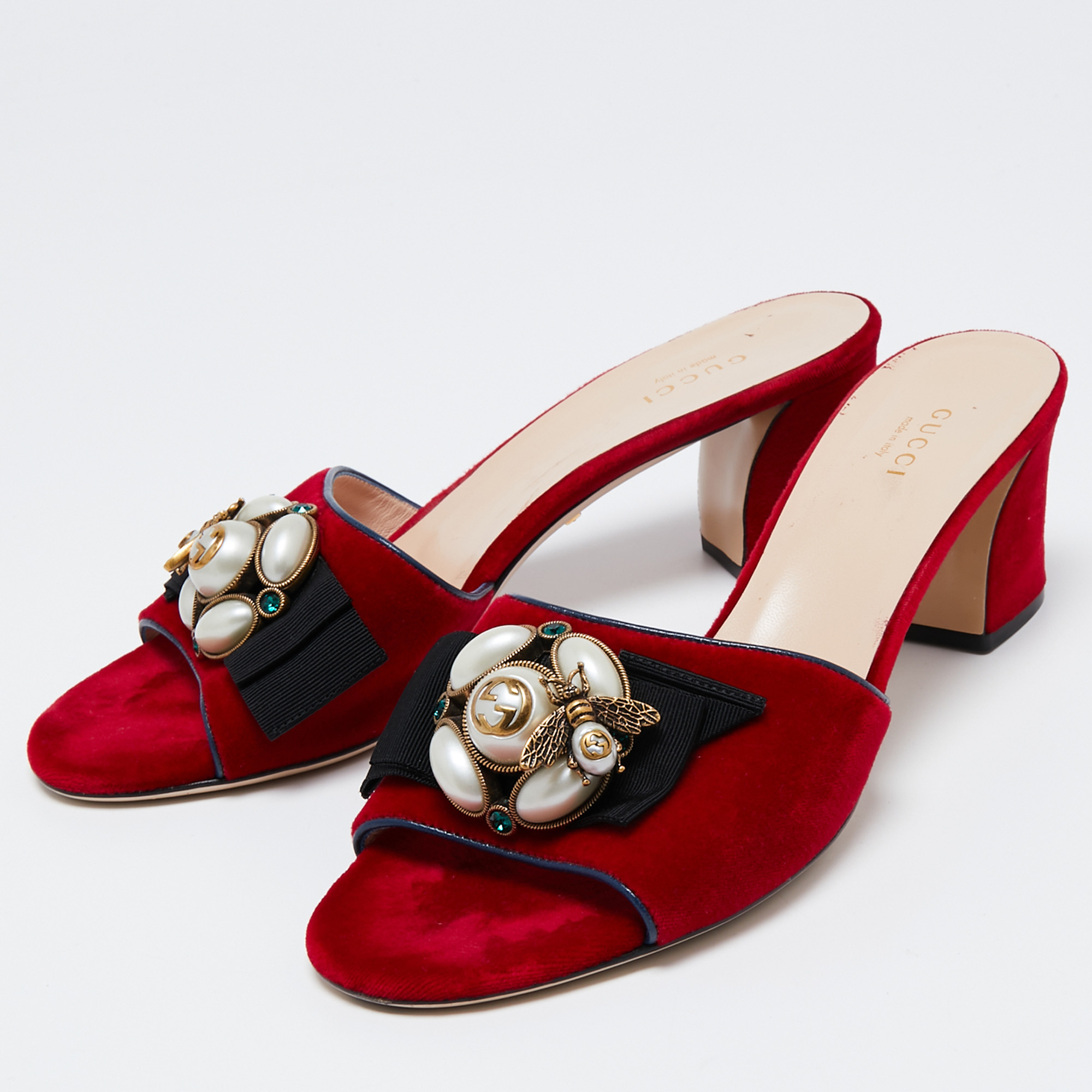 

Gucci Red Velvet Bee/Faux Pearl Mid-Heel Slide Sandals Size