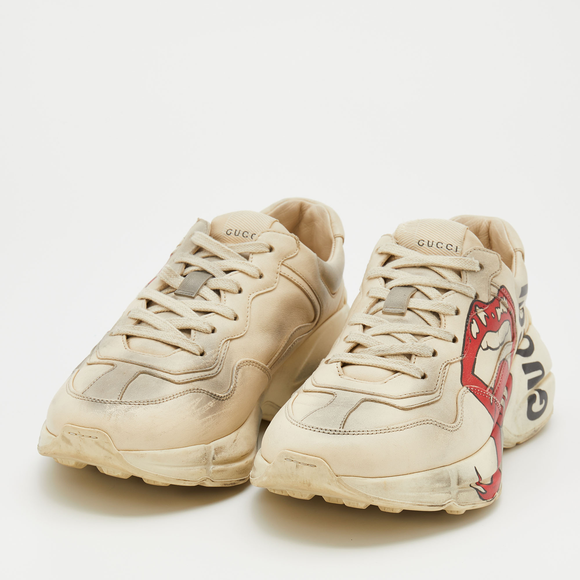 

Gucci Cream/Grey Leather Rhyton Gucci Logo Lace Up Sneakers Size