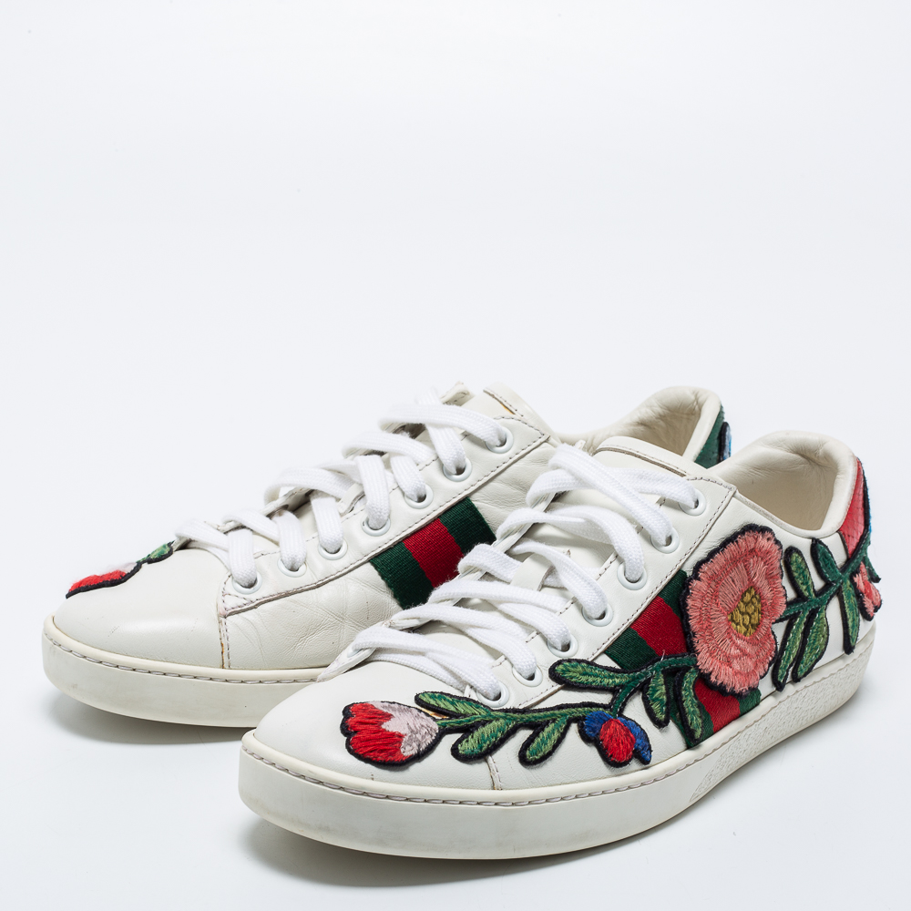 

Gucci White Floral Embroidered Leather Ace Low-Top Sneakers Size