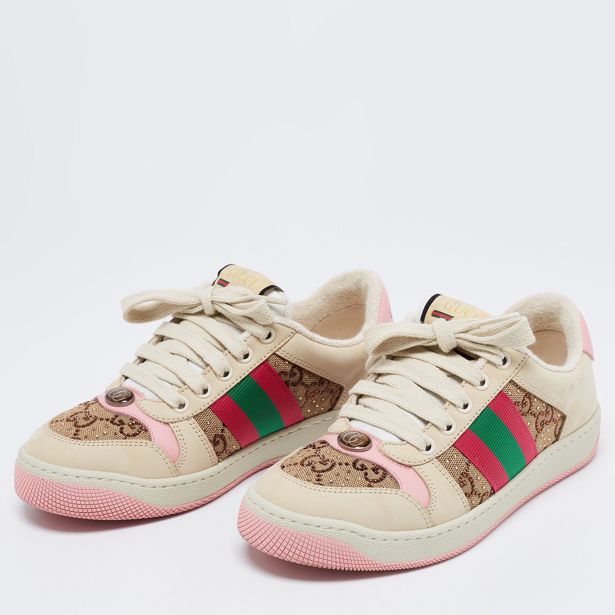 

Gucci Beige/Pink GG Canvas And Nubuck Leather Screener Embellished Sneakers Size