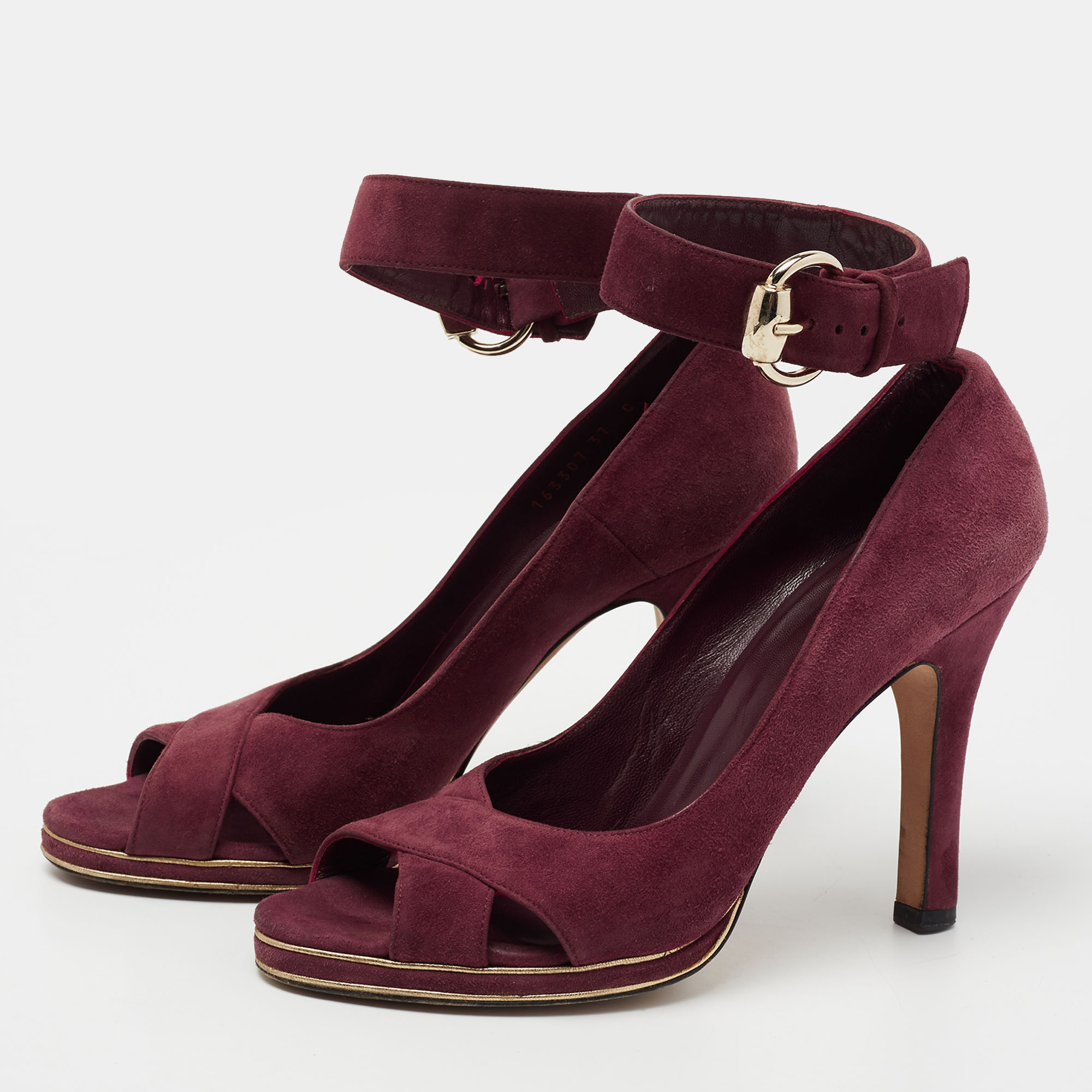 

Gucci Burgundy Suede Criss Cross Open Toe Ankle Strap Pumps Size